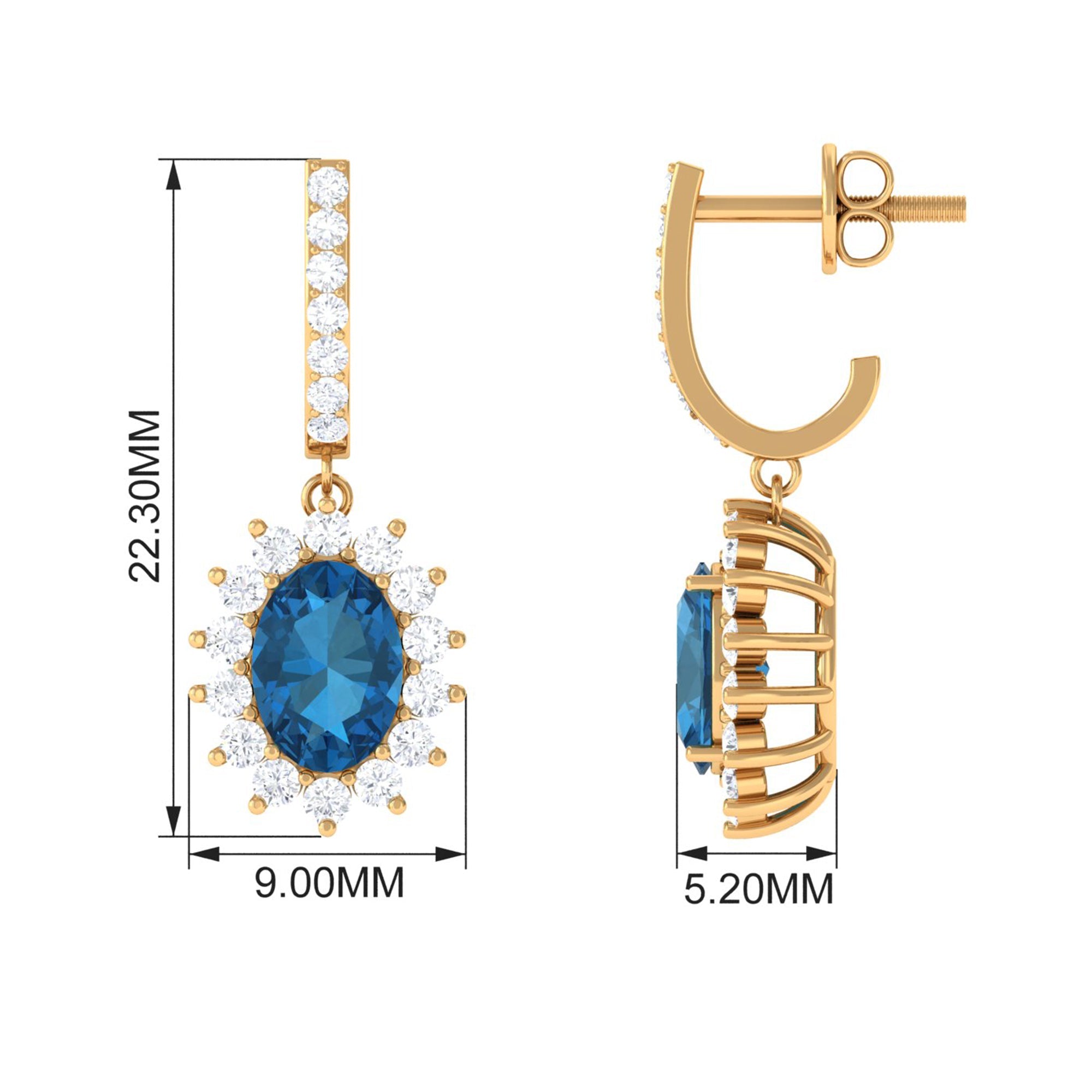Natural 2 Carat London Blue Topaz Drop Earrings with Diamond Halo