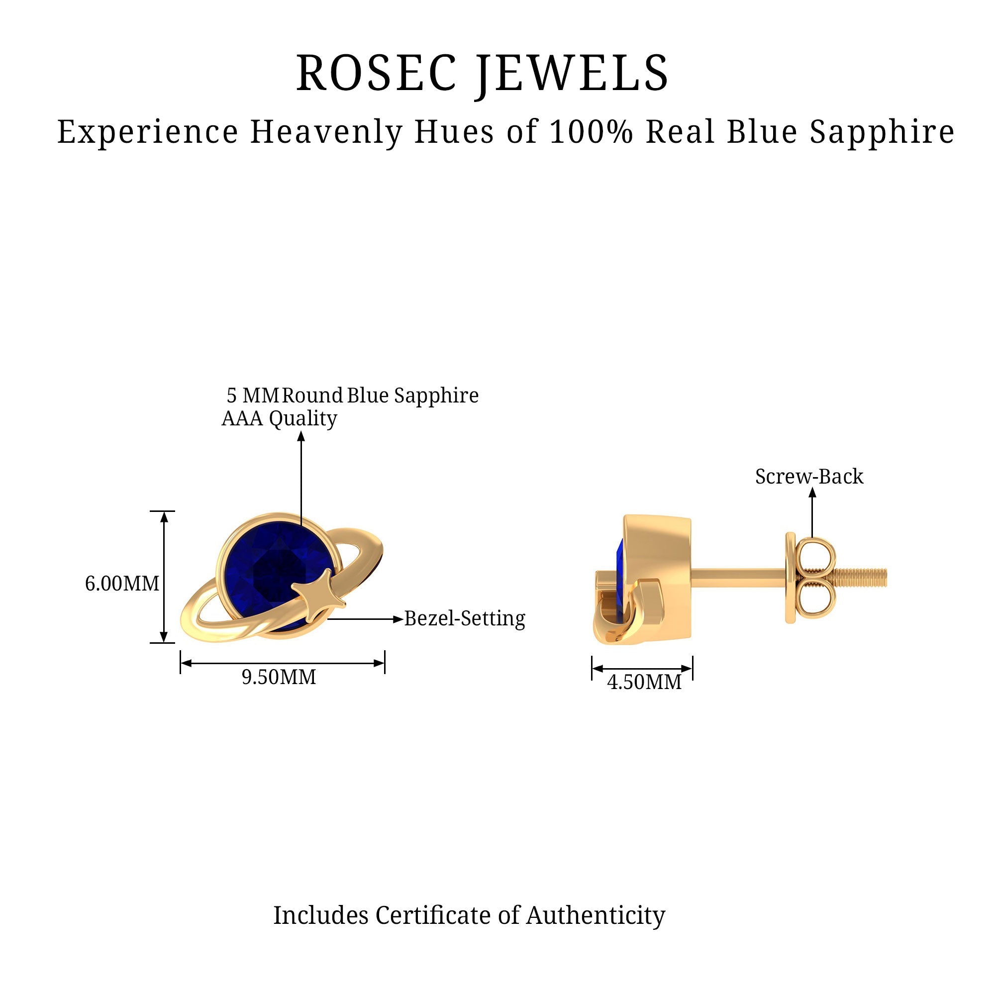 1.9 Carat Solitaire Blue Sapphire Celestial Stud Earrings in Bezel Setting