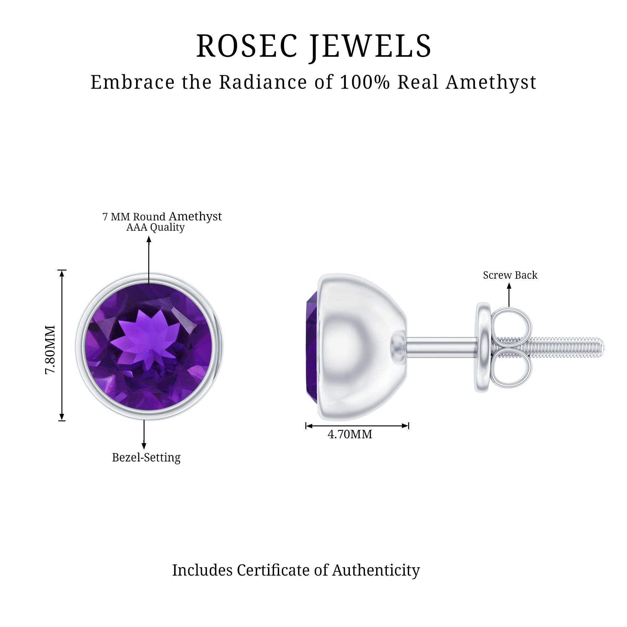 Natural Bezel Set 7mm Amethyst Stud Earrings