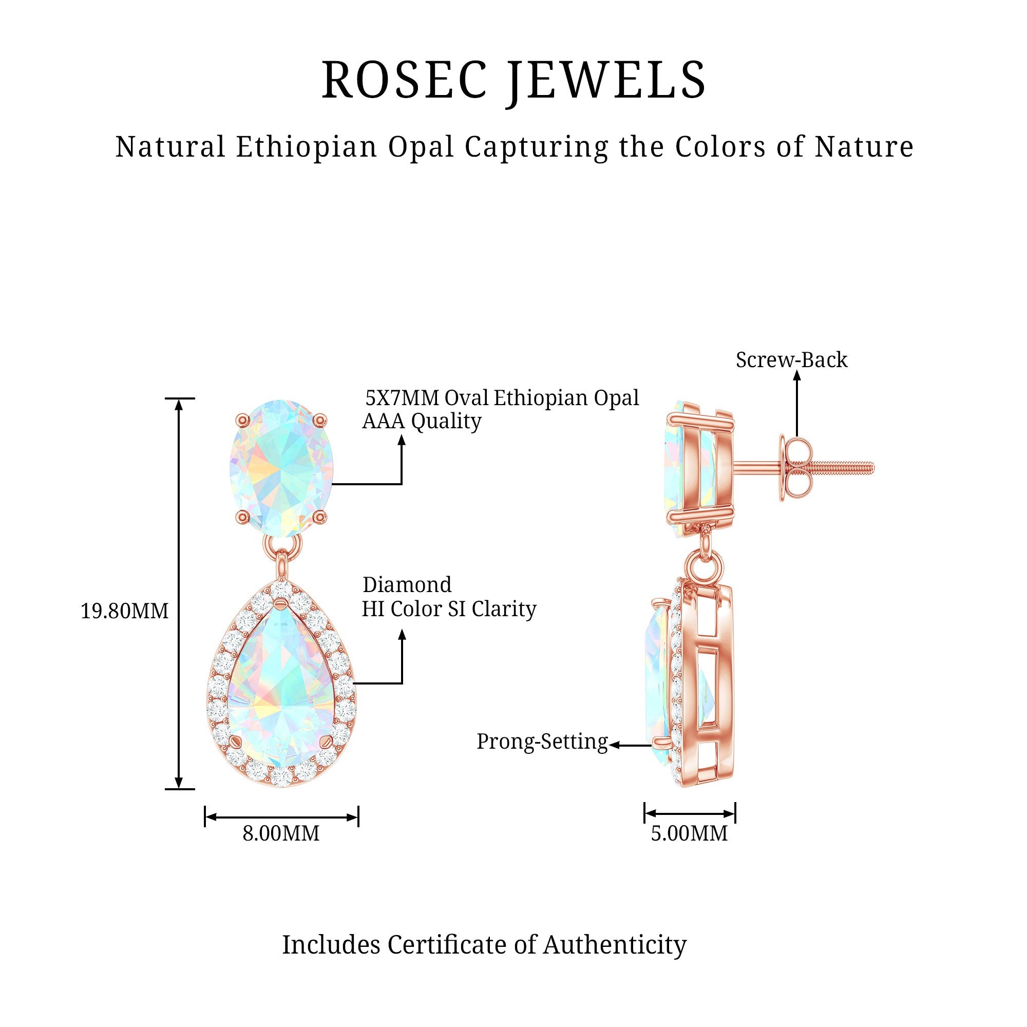 Genuine 3 Carat Ethiopian Opal Drop Dangle Earrings with Diamond Halo