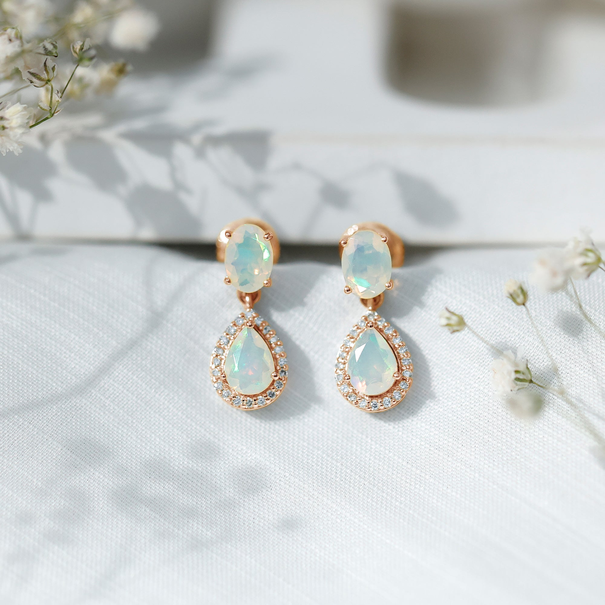 Genuine 3 Carat Ethiopian Opal Drop Dangle Earrings with Diamond Halo