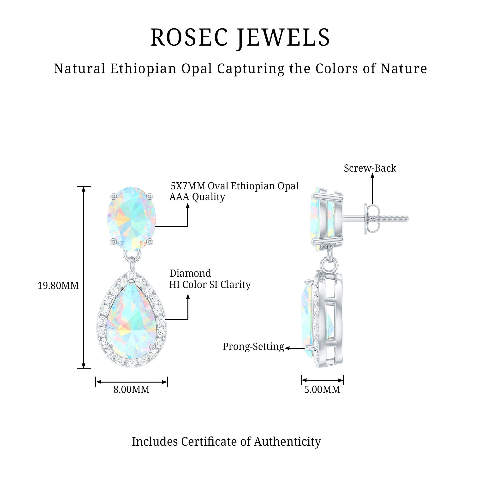 Genuine 3 Carat Ethiopian Opal Drop Dangle Earrings with Diamond Halo