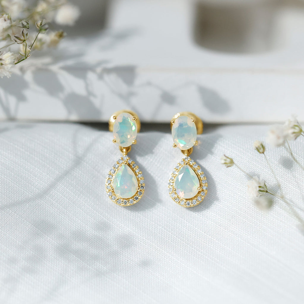 Genuine 3 Carat Ethiopian Opal Drop Dangle Earrings with Diamond Halo