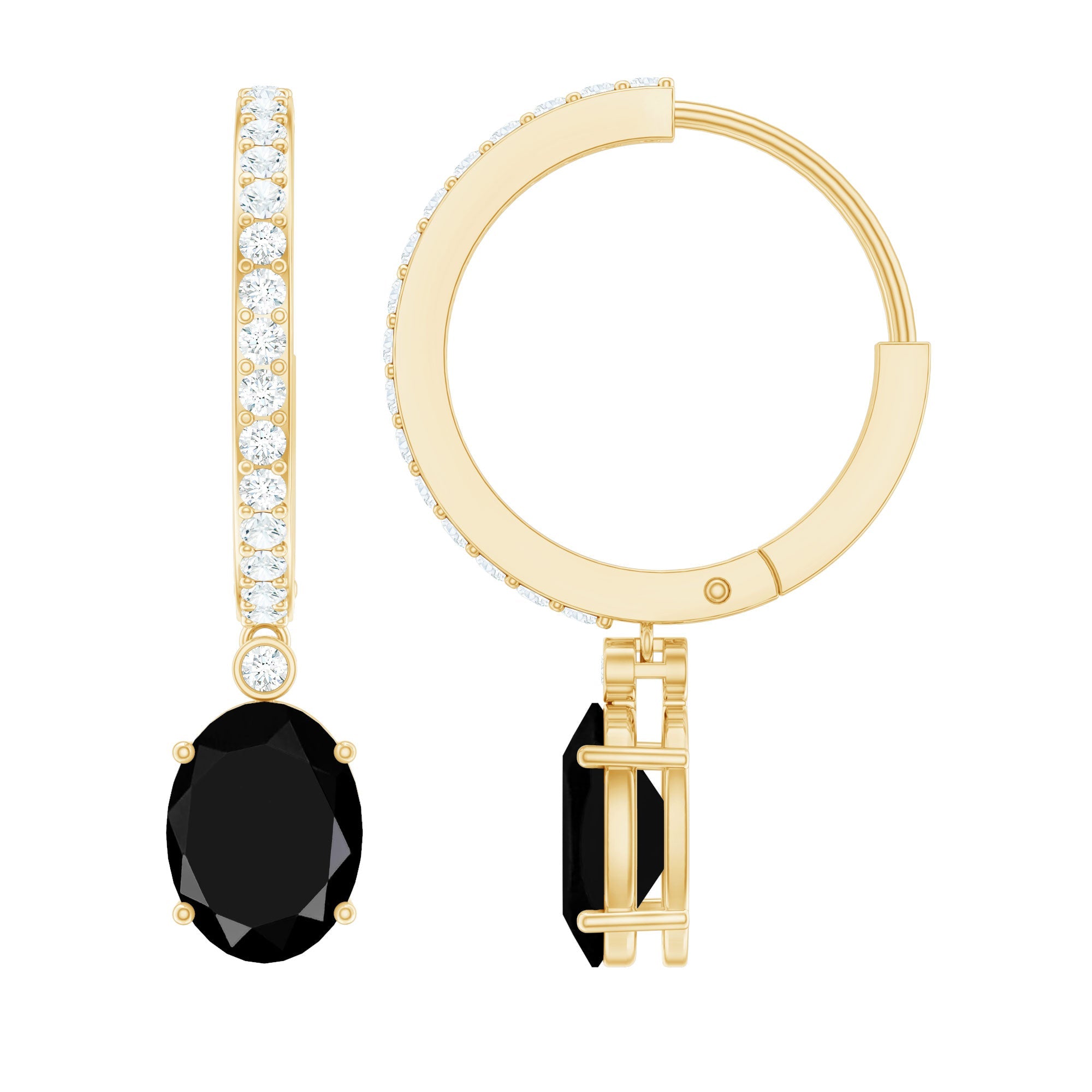 Natural 6X8mm Oval Black Onyx Hoop Drop Earrings with Diamond