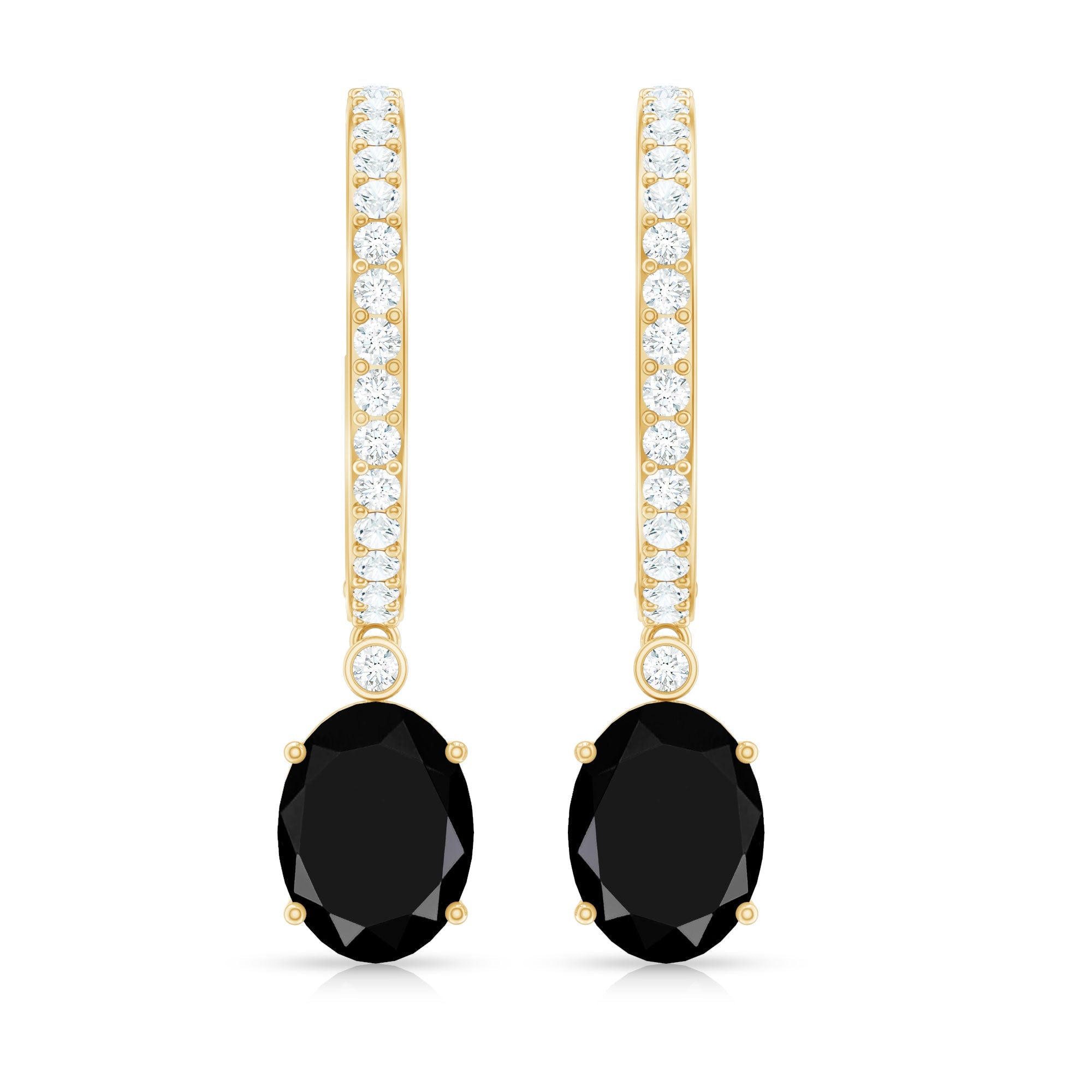 Natural 6X8mm Oval Black Onyx Hoop Drop Earrings with Diamond