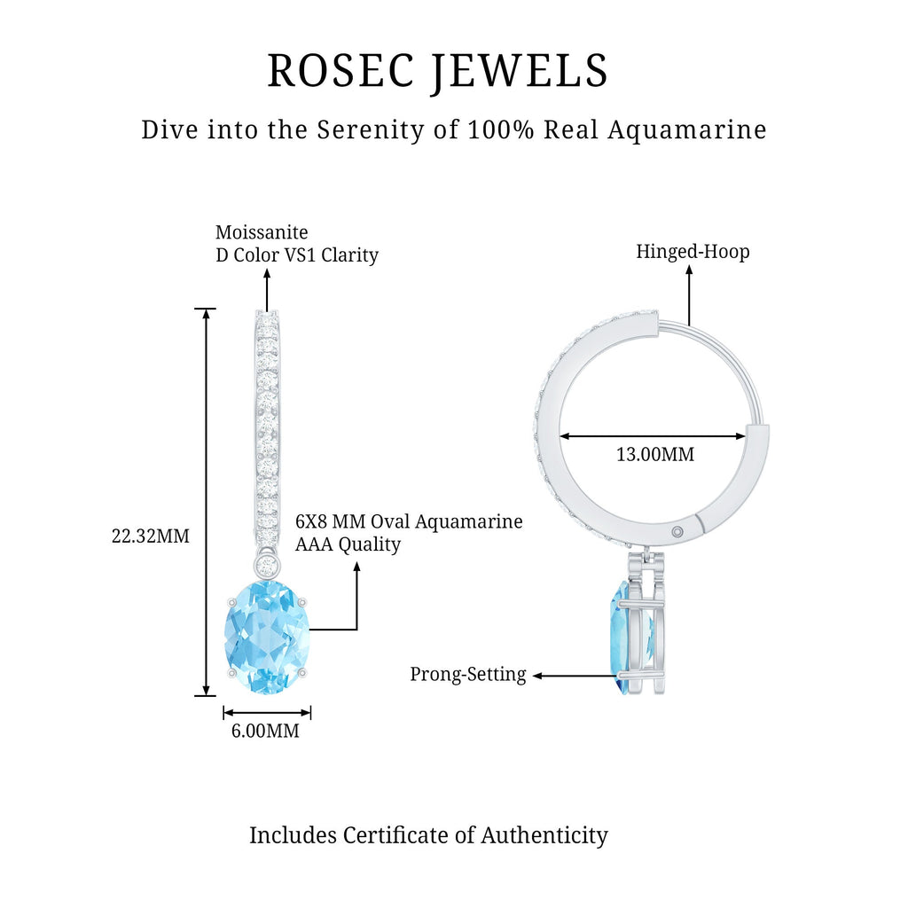Genuine 2.2 Carat Oval Cut Aquamarine Hoop Drop Earrings with Diamond