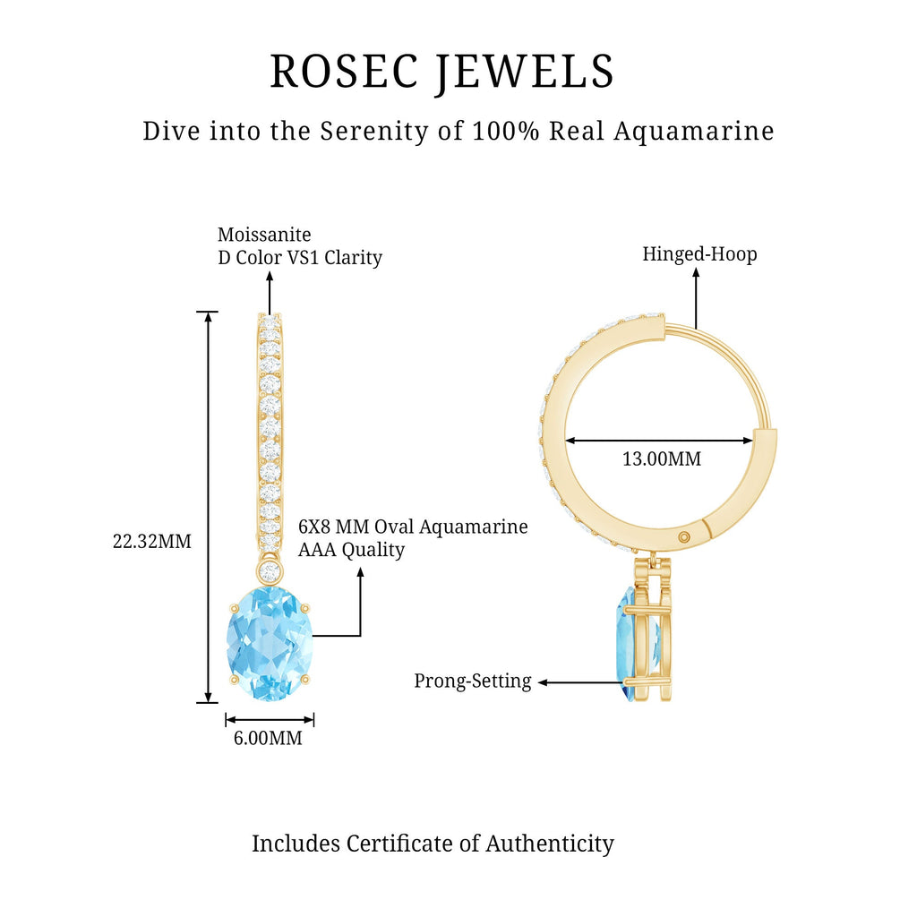 Genuine 2.2 Carat Oval Cut Aquamarine Hoop Drop Earrings with Diamond