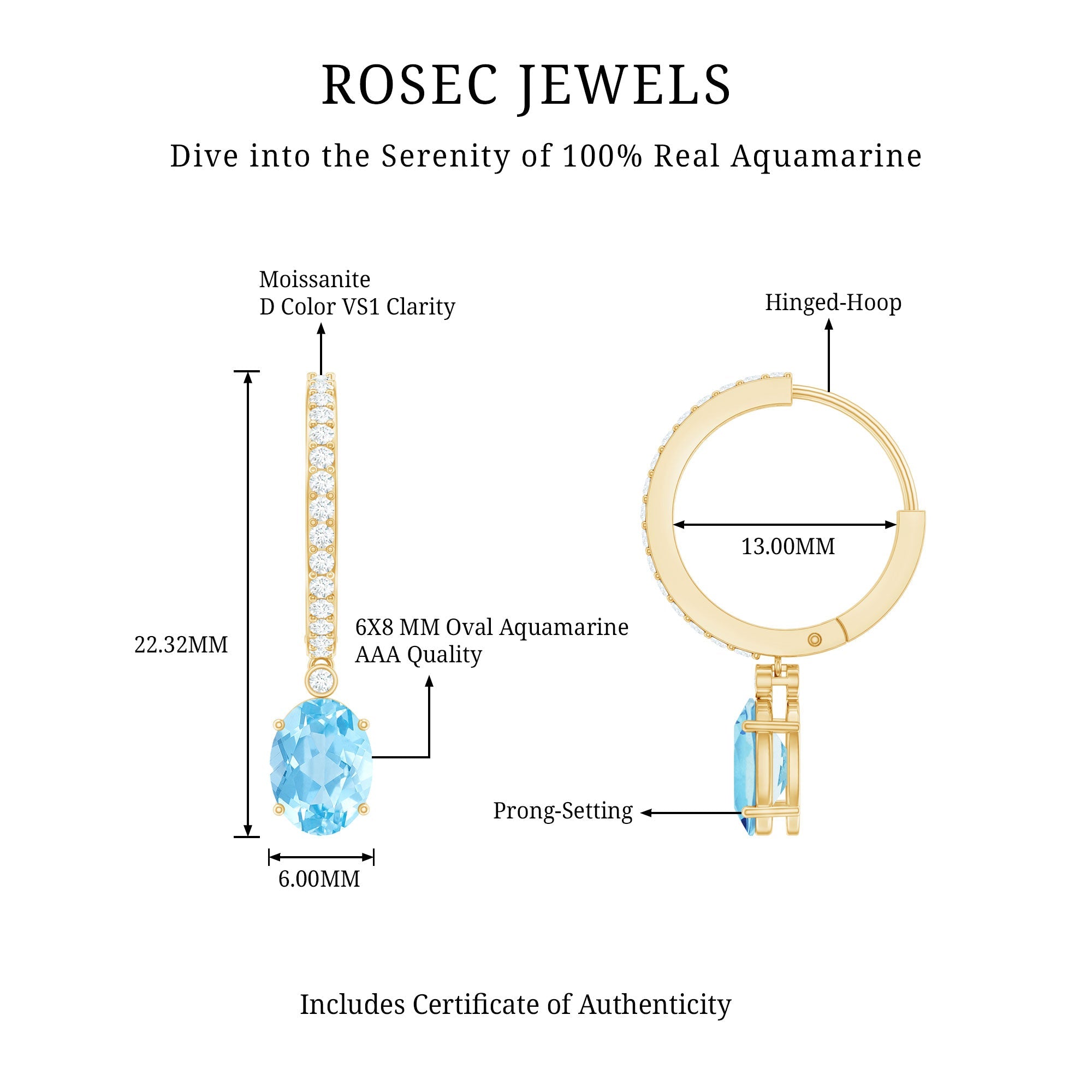 Genuine 2.2 Carat Oval Cut Aquamarine Hoop Drop Earrings with Diamond