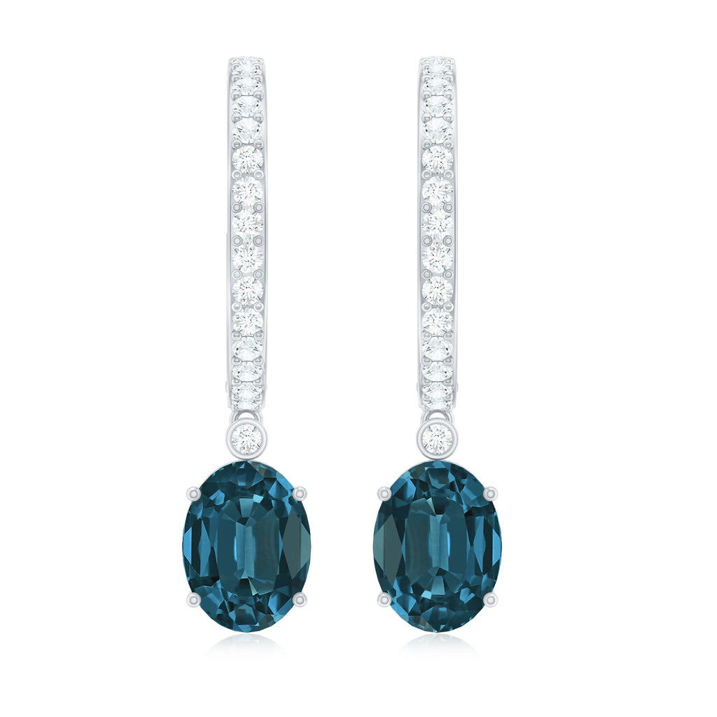 Natural Oval 2 Carat London Blue Topaz Drop hoop Earrings with Diamond