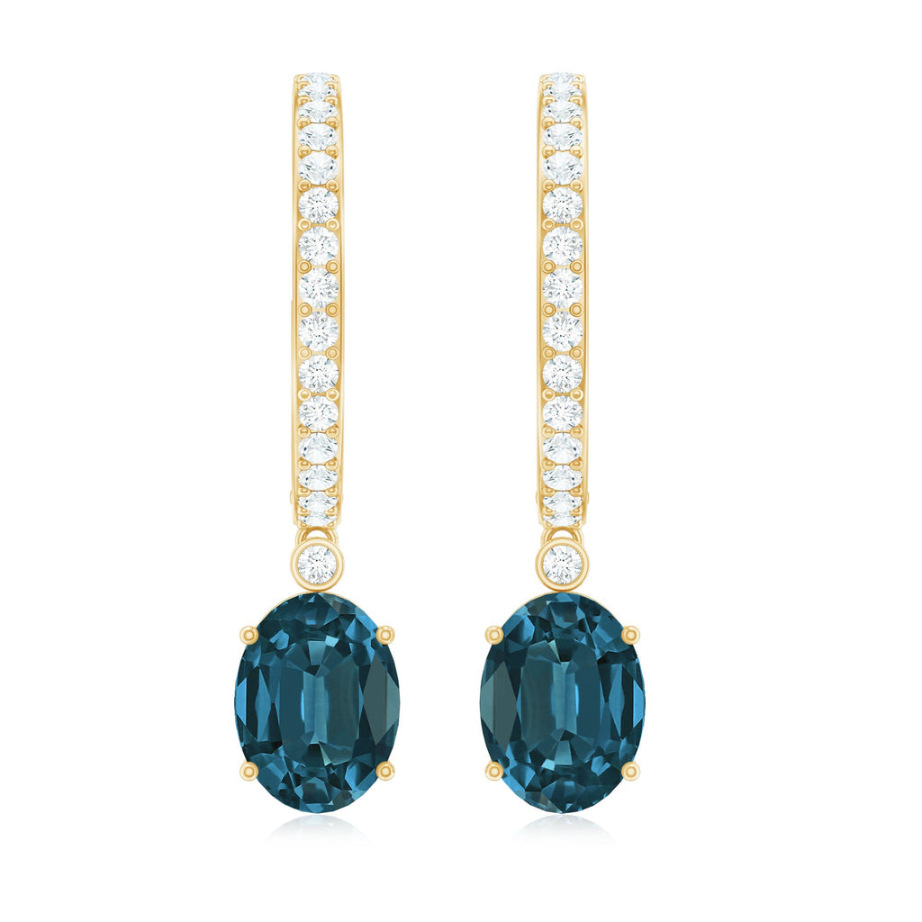 Natural Oval 2 Carat London Blue Topaz Drop hoop Earrings with Diamond