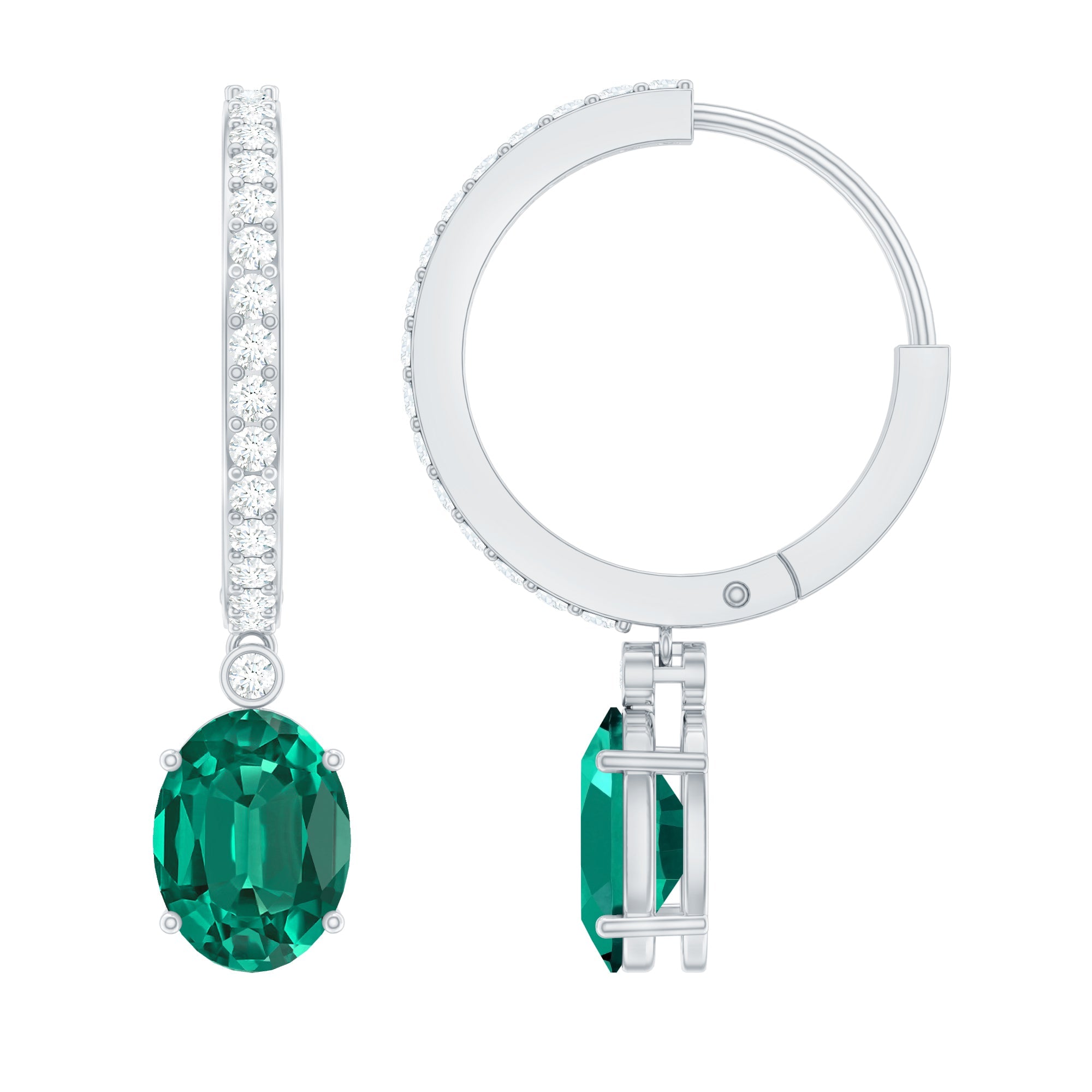 2.5 Carat Oval Cut Lab Grown Emerald and Diamond Hoop Earrings
