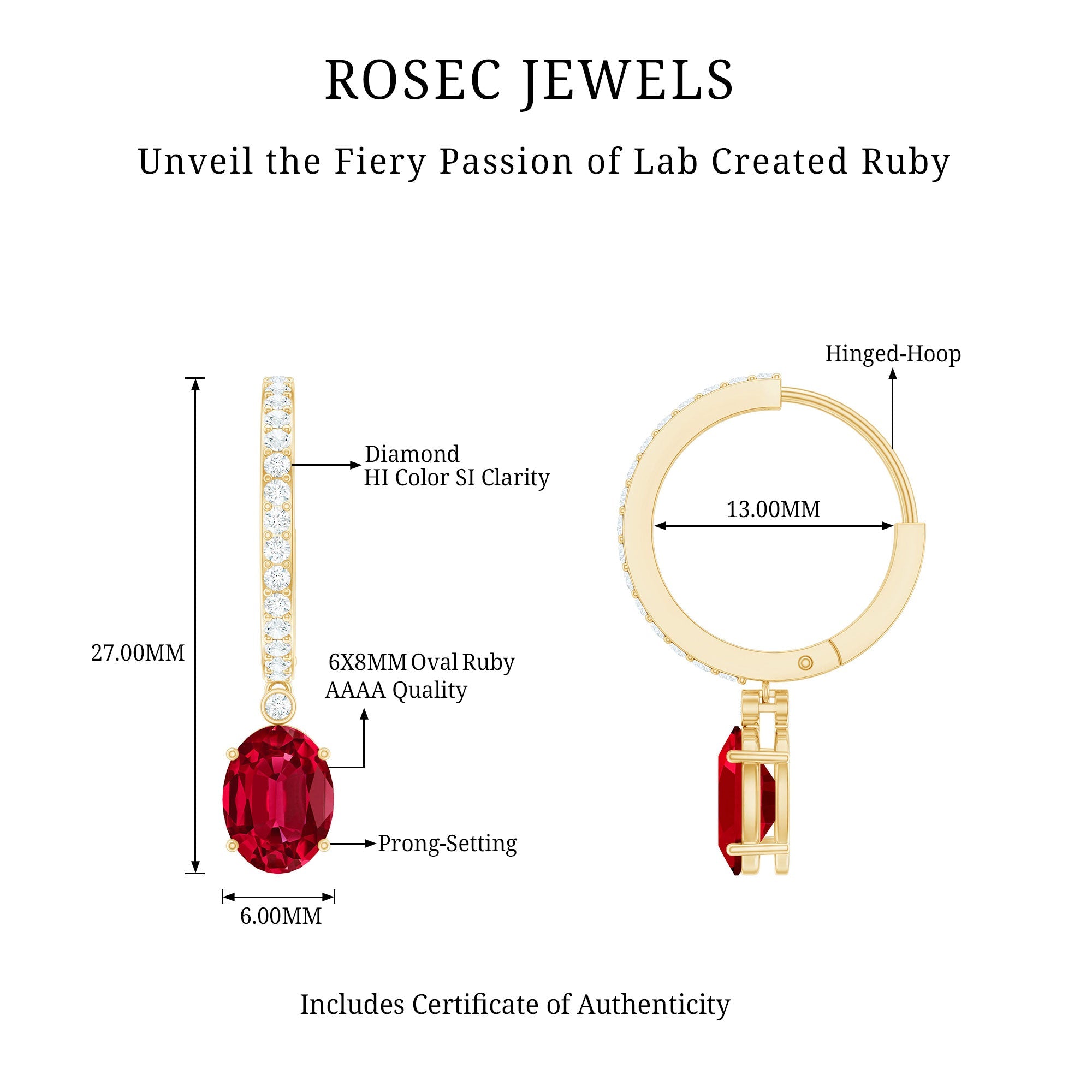 Oval Cut Lab Created Ruby Hoop Drop Earrings with Diamonds
