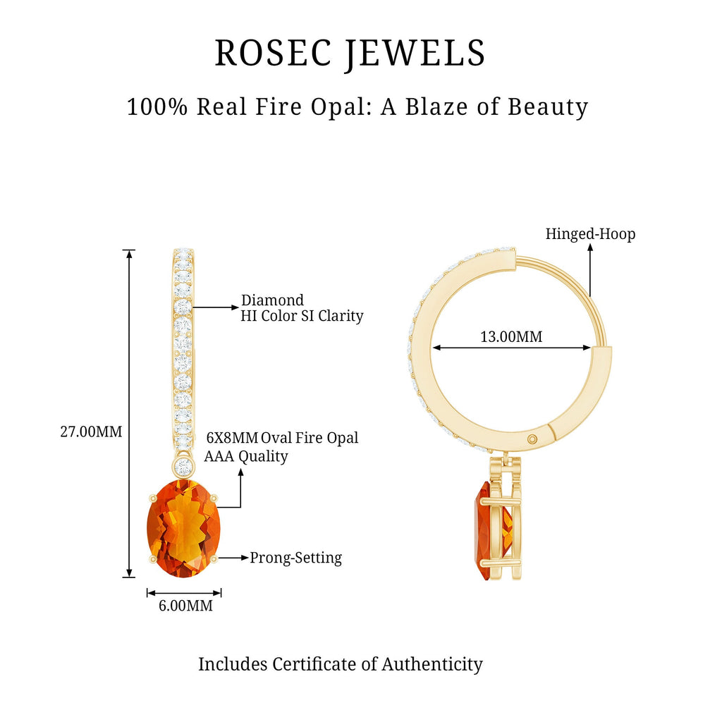 Certified Real Oval Fire Opal Hoop Earrings with Diamond