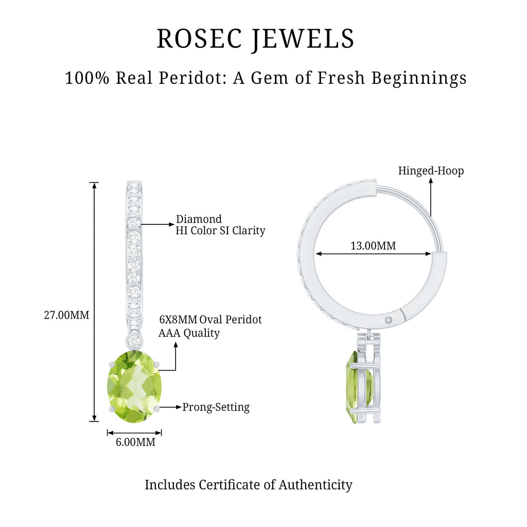 Natural 2 Carat Peridot Drop Hoop Earrings with Diamond