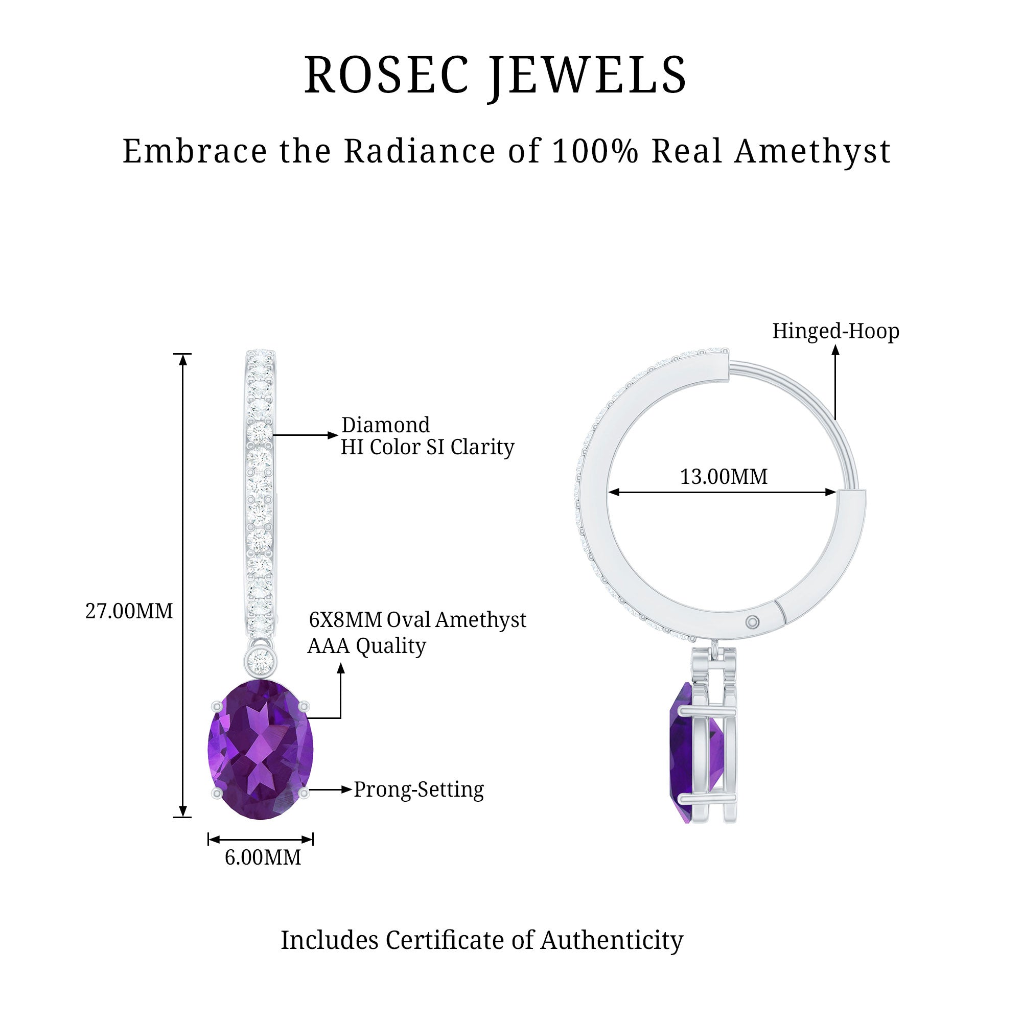 Real 6X8mm Oval Amethyst Diamond Hoop Earrings With Diamonds