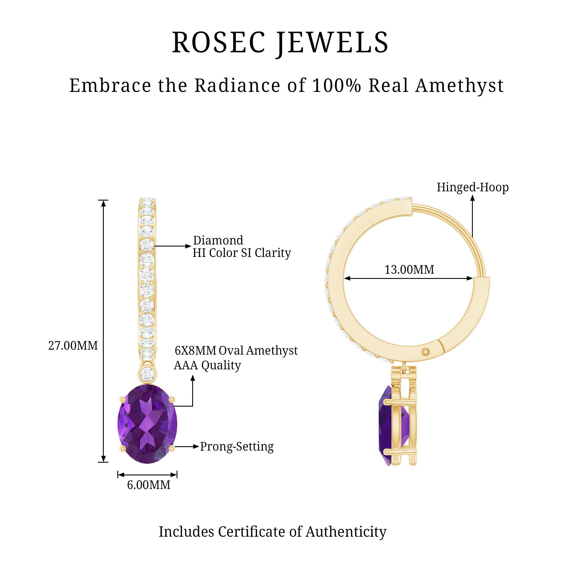 Real 6X8mm Oval Amethyst Diamond Hoop Earrings With Diamonds