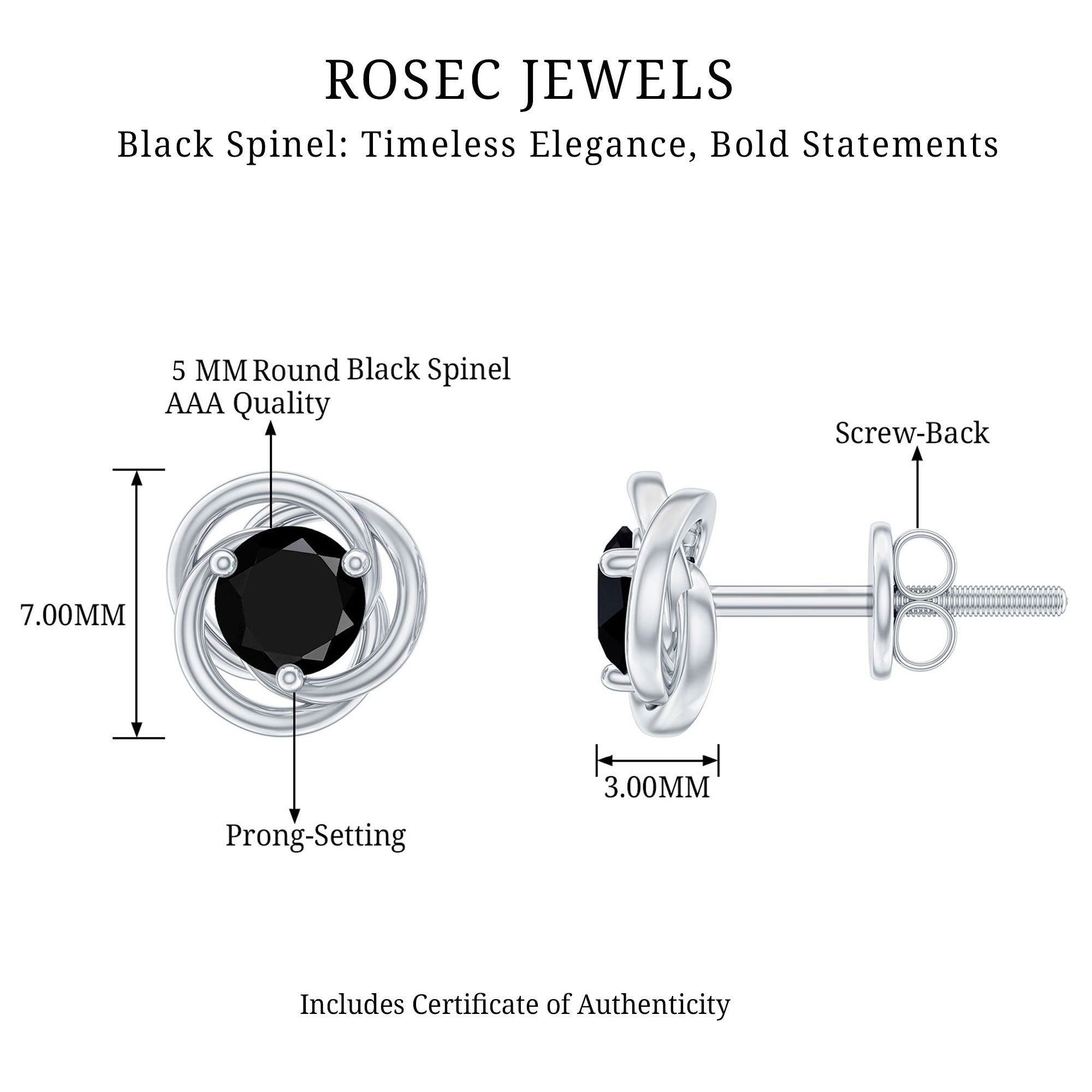 1 Carat Black Spinel Swirl Stud Earrings with Screw Backs
