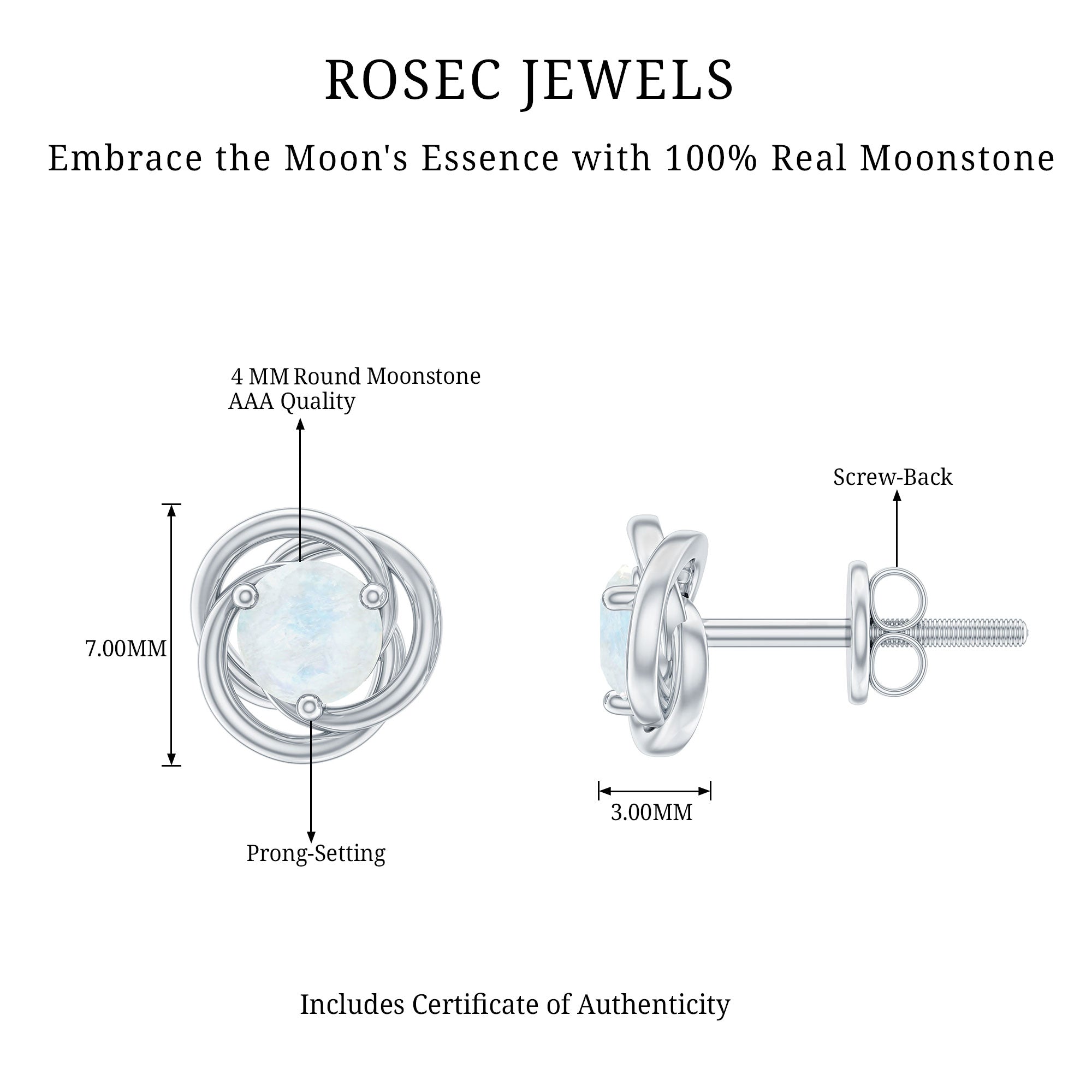 Solitaire Moonstone Swirl Stud Earrings with Certificate