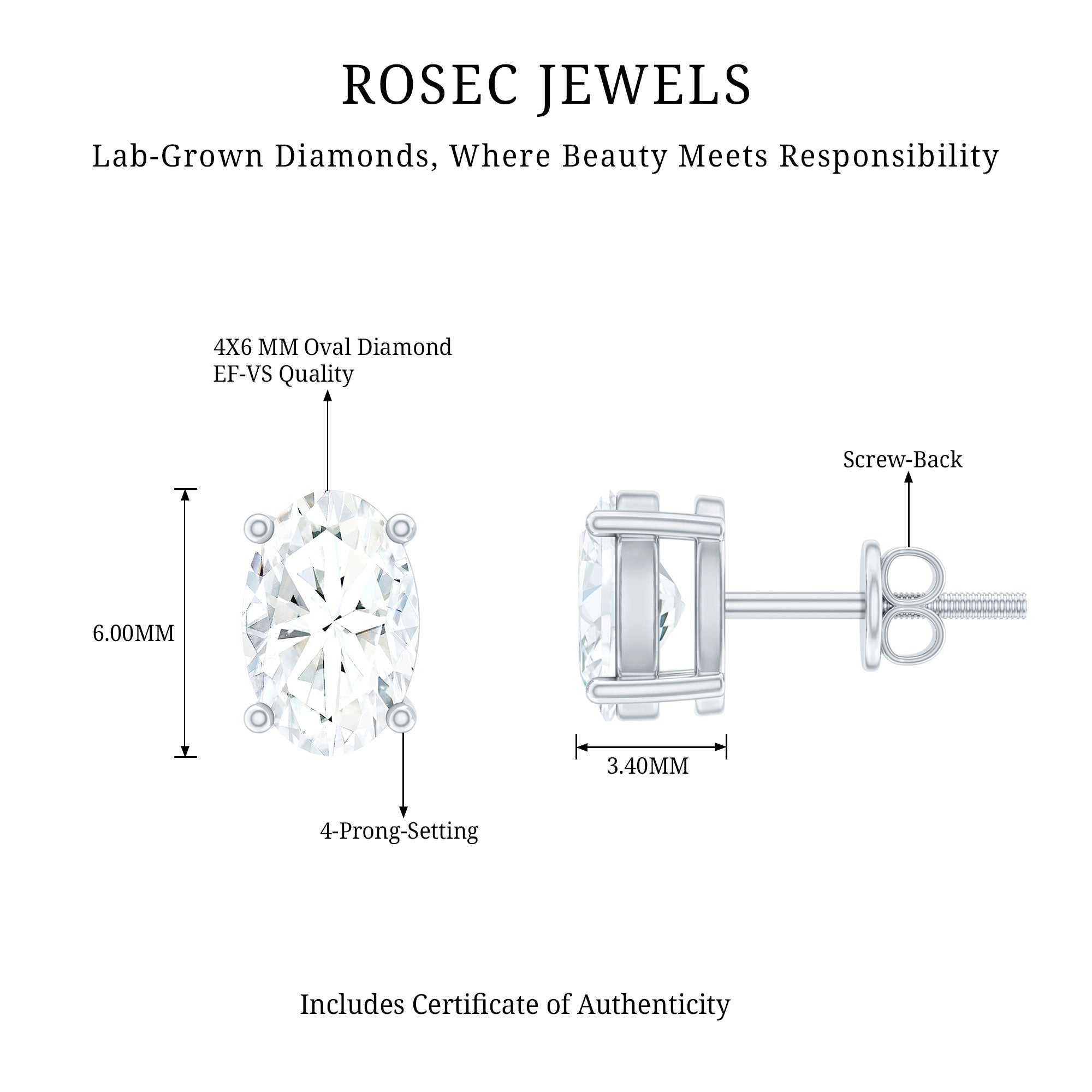 4X6 MM Oval Shaped Lab Grown Diamond Solitaire Stud Earrings