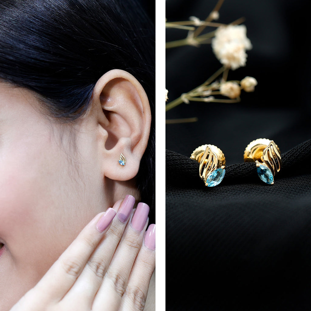 Natural Swiss Blue Topaz Leaf Earrings in Silver