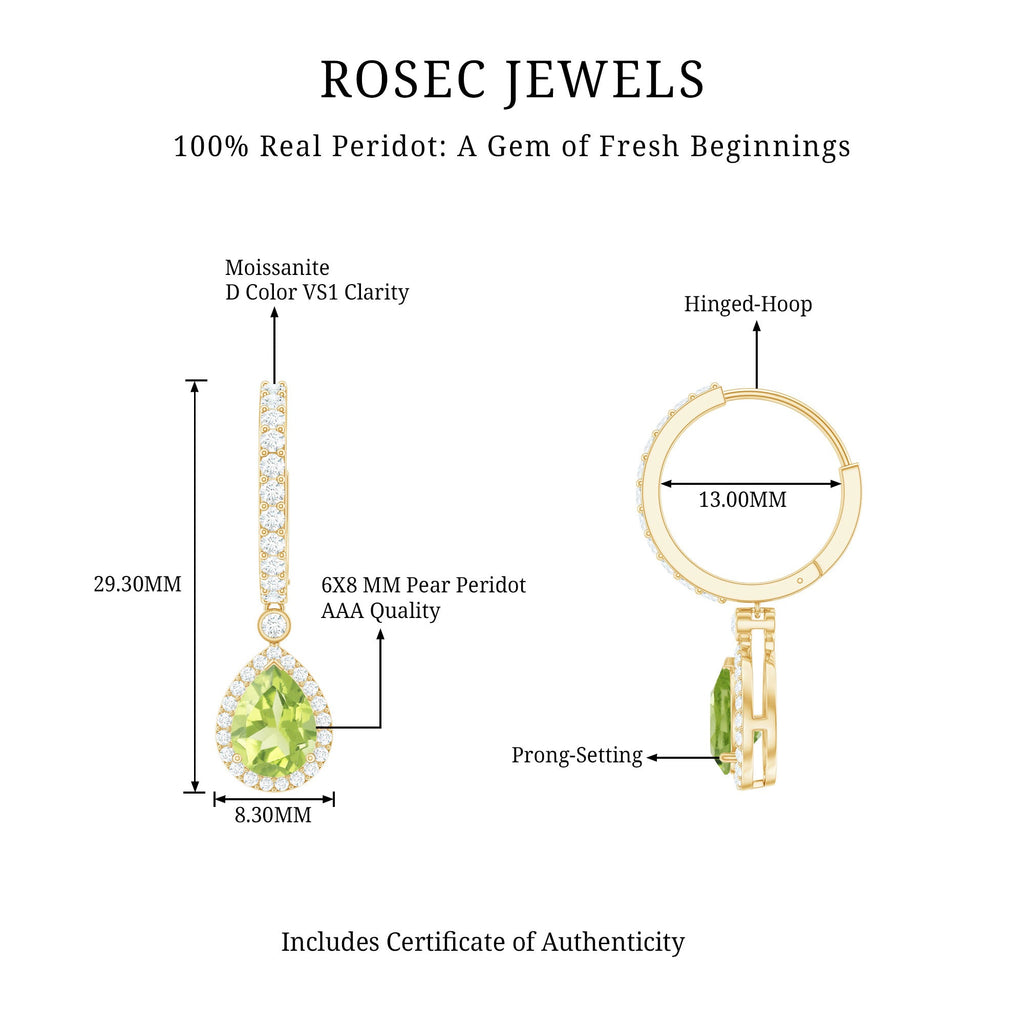 Classic 2 Carat Peridot Teardrop Earrings with Moissanite Hinged Hoop