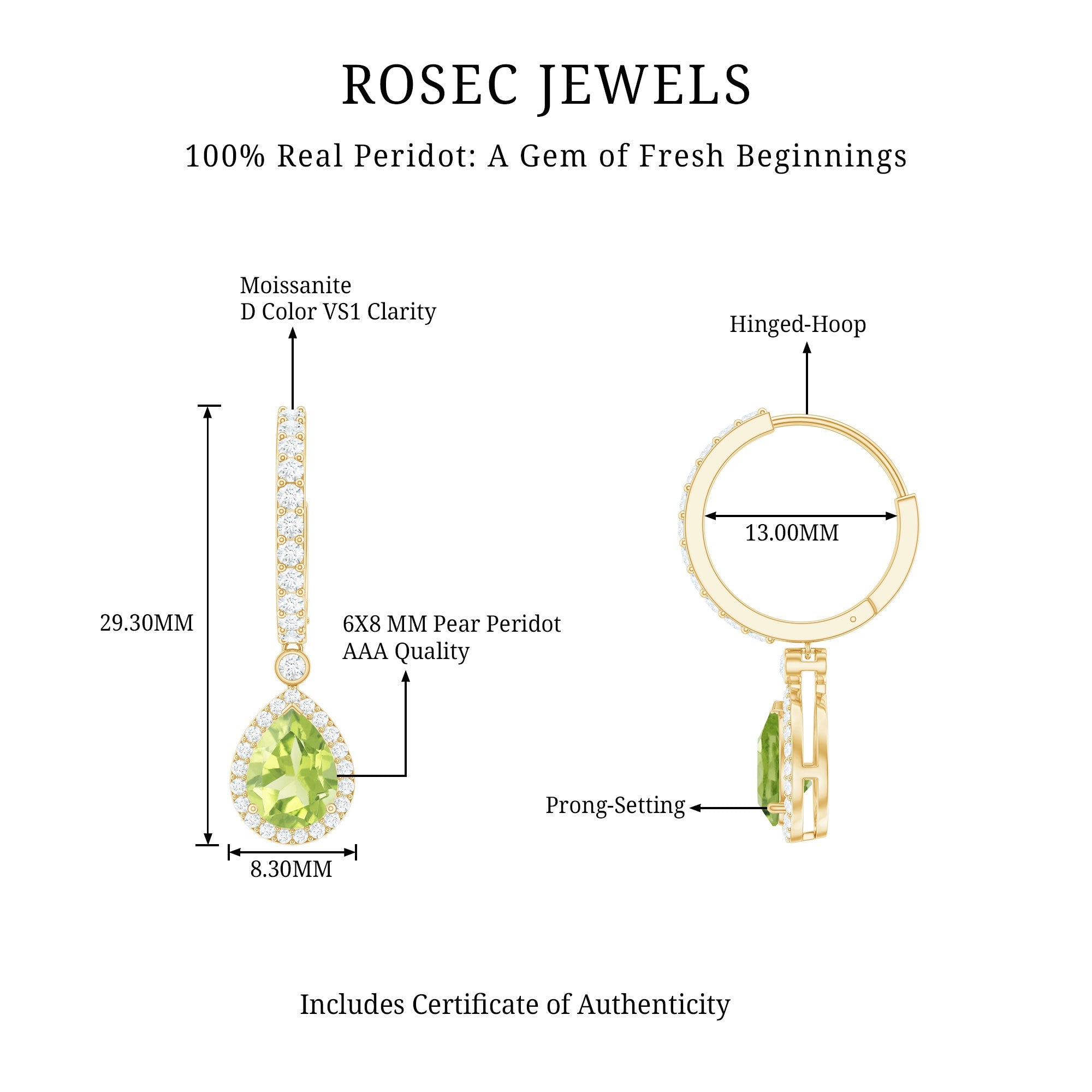 Classic 2 Carat Peridot Teardrop Earrings with Moissanite Hinged Hoop