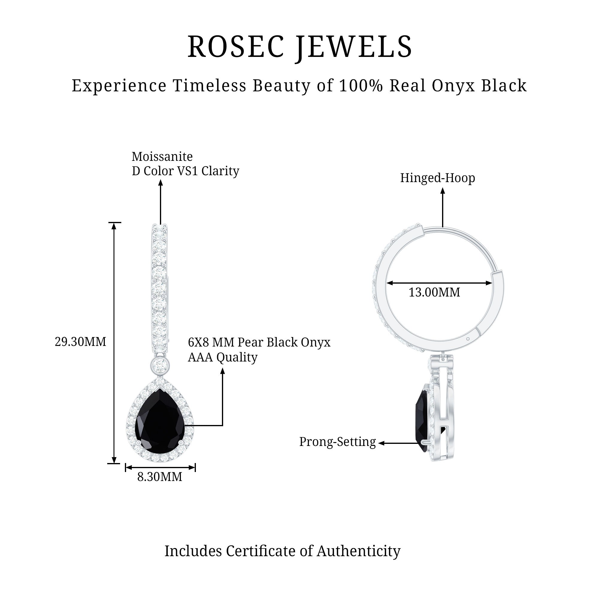 Natural Pear Shape Black Onyx Hoop Drop Earrings