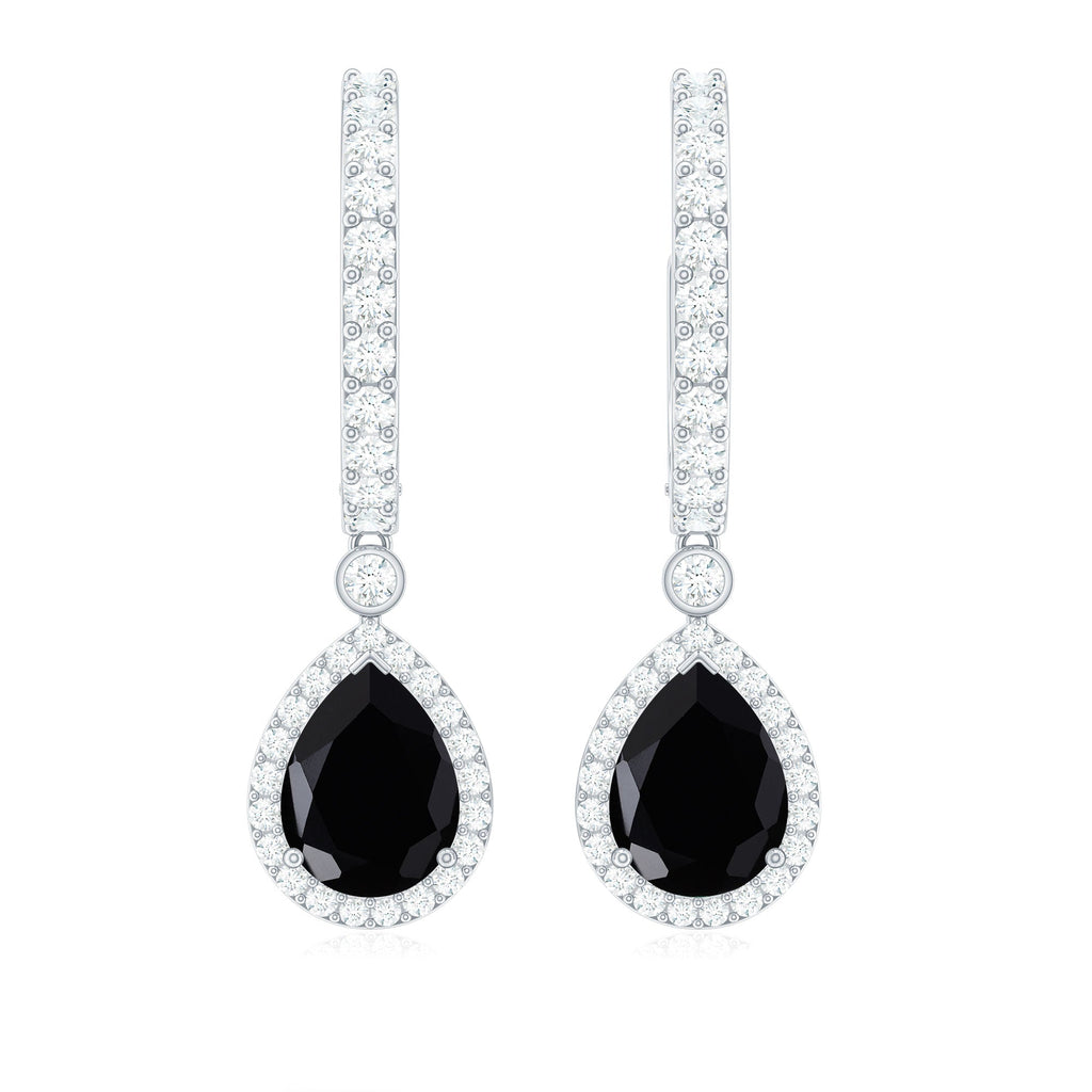 Natural Pear Shape Black Onyx Hoop Drop Earrings