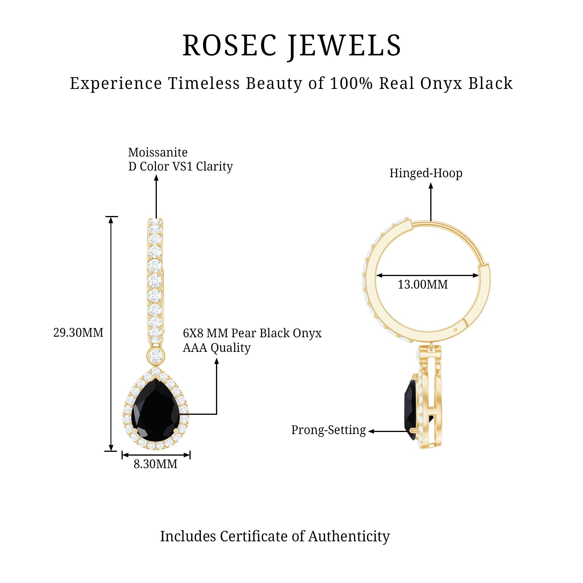 Natural Pear Shape Black Onyx Hoop Drop Earrings