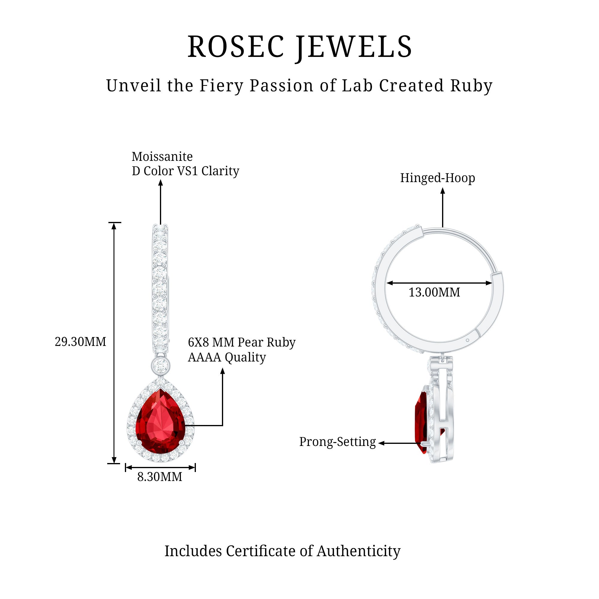 Lab Created Ruby and Moissanite Teardrop Hoop Earrings