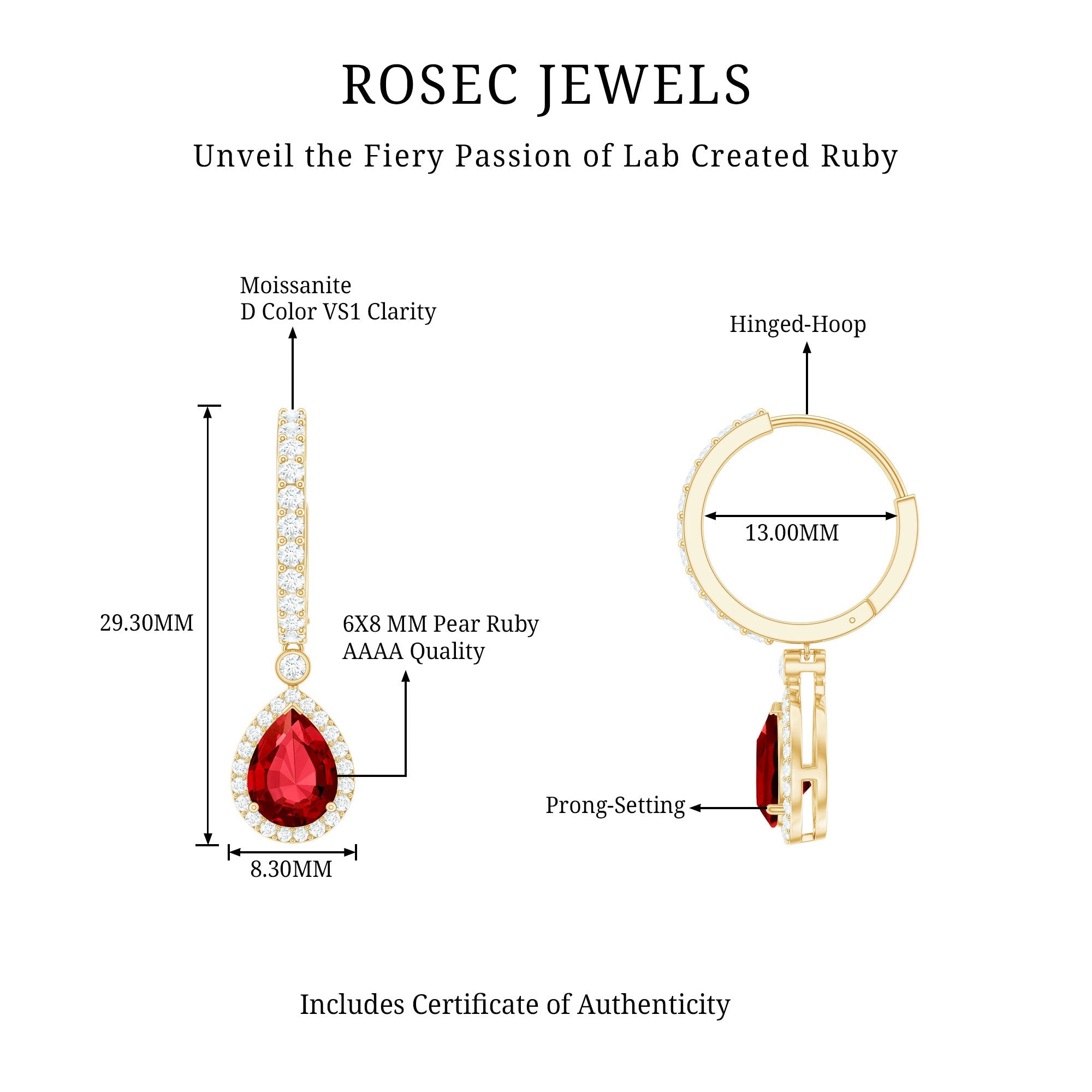 Lab Created Ruby and Moissanite Teardrop Hoop Earrings