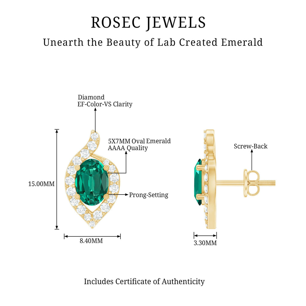 Vintage Inspired Lab Grown Emerald Stud Earrings With Diamond