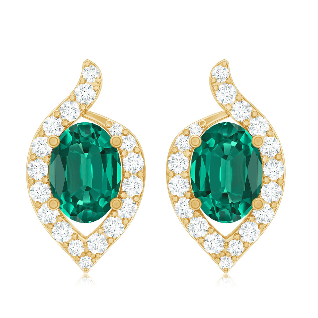 Vintage Inspired Lab Grown Emerald Stud Earrings With Diamond