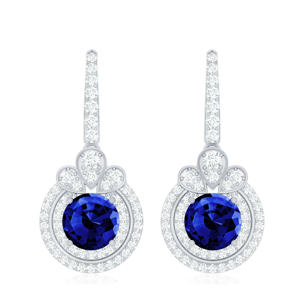 Classic Lab Grown Blue Sapphire Wedding Earrings with Diamonds Halo