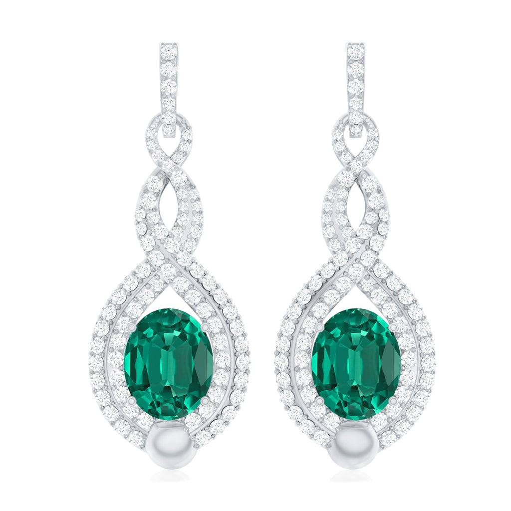 Certified Lab Grown Emerald Wedding Earrings with Double Halo Diamonds