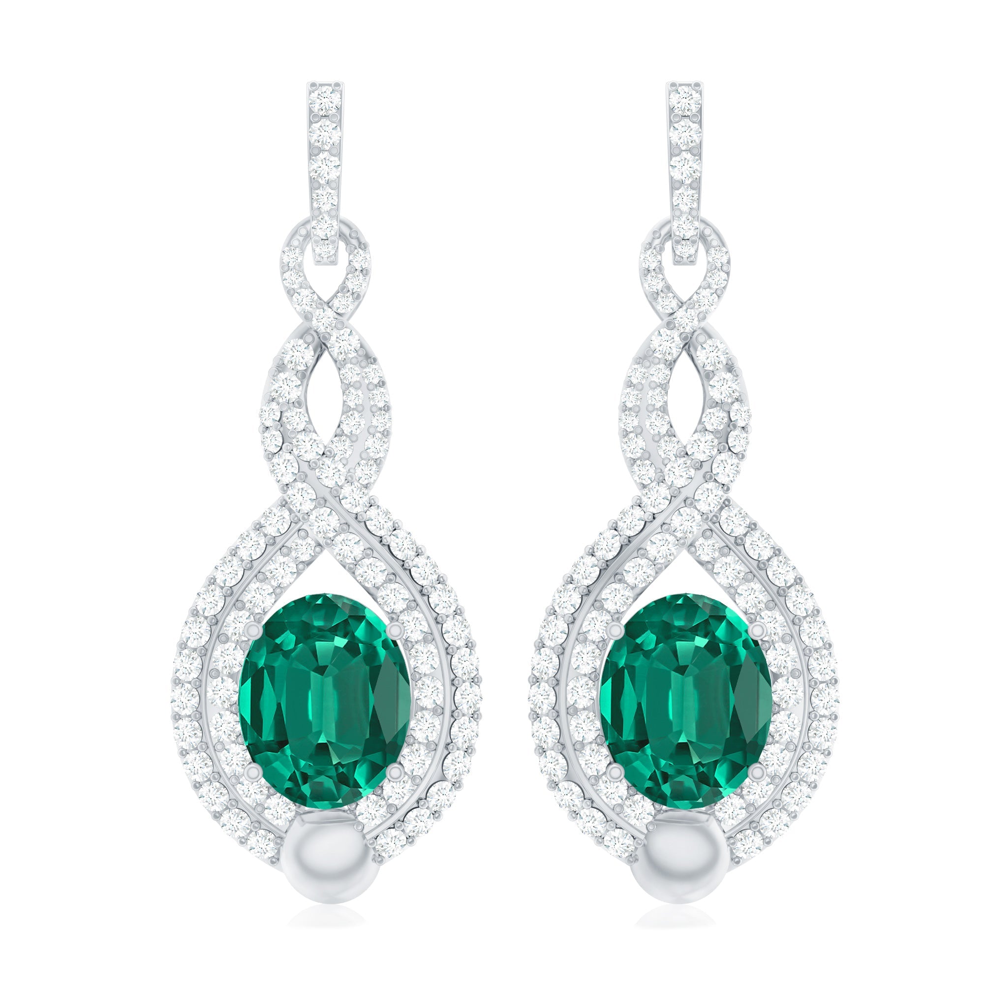 Certified Lab Grown Emerald Wedding Earrings with Double Halo Diamonds