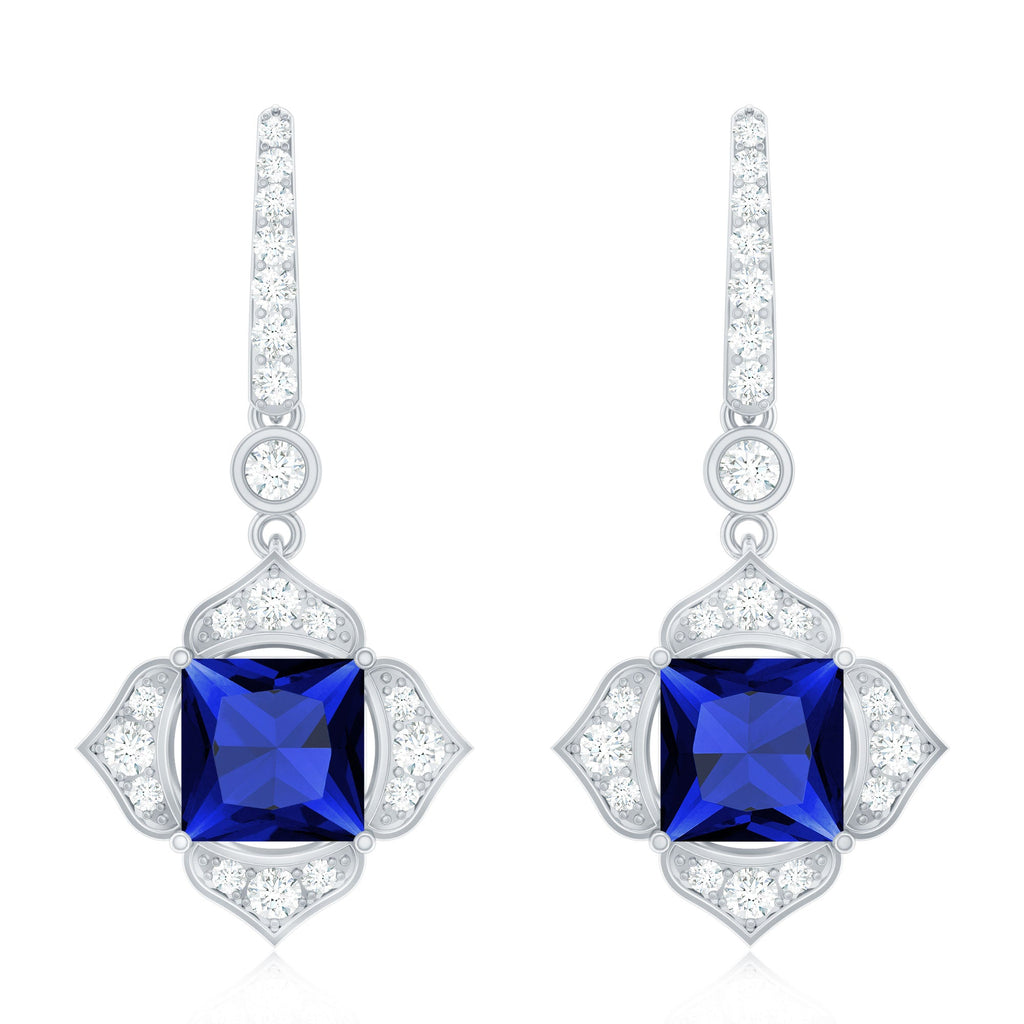 Lab Grown Blue Sapphire Floral Inspired Drop Earrings with Diamonds