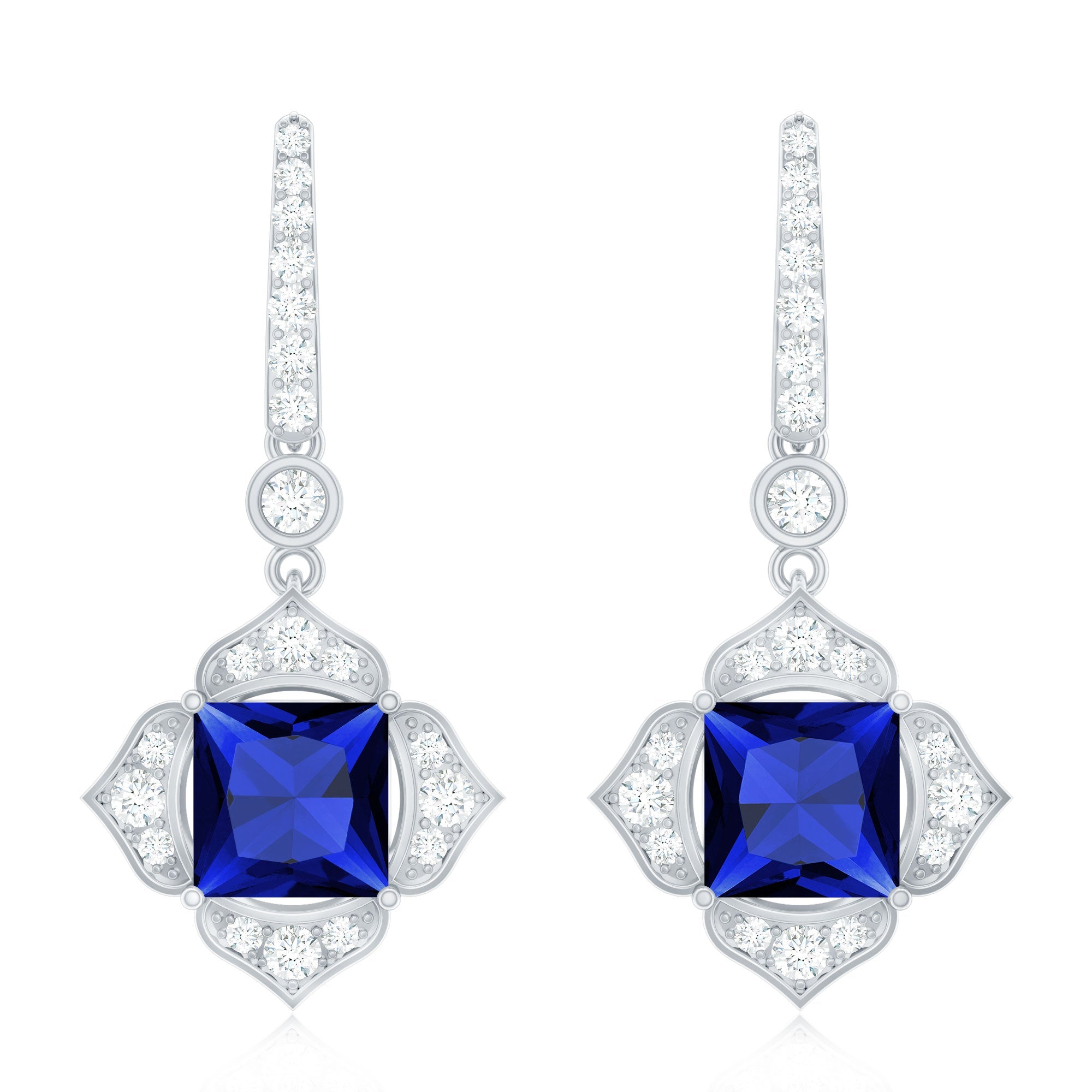 Lab Grown Blue Sapphire Floral Inspired Drop Earrings with Diamonds