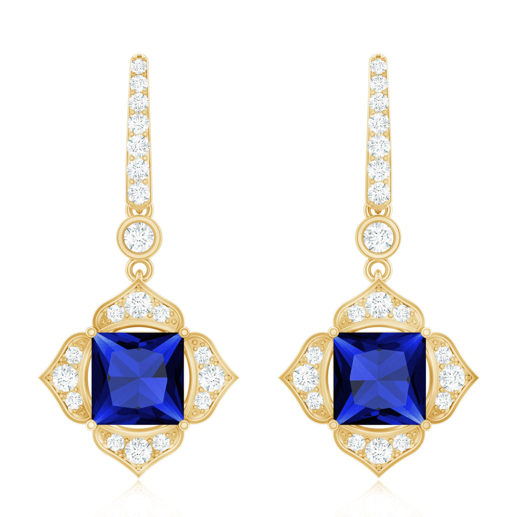 Lab Grown Blue Sapphire Floral Inspired Drop Earrings with Diamonds