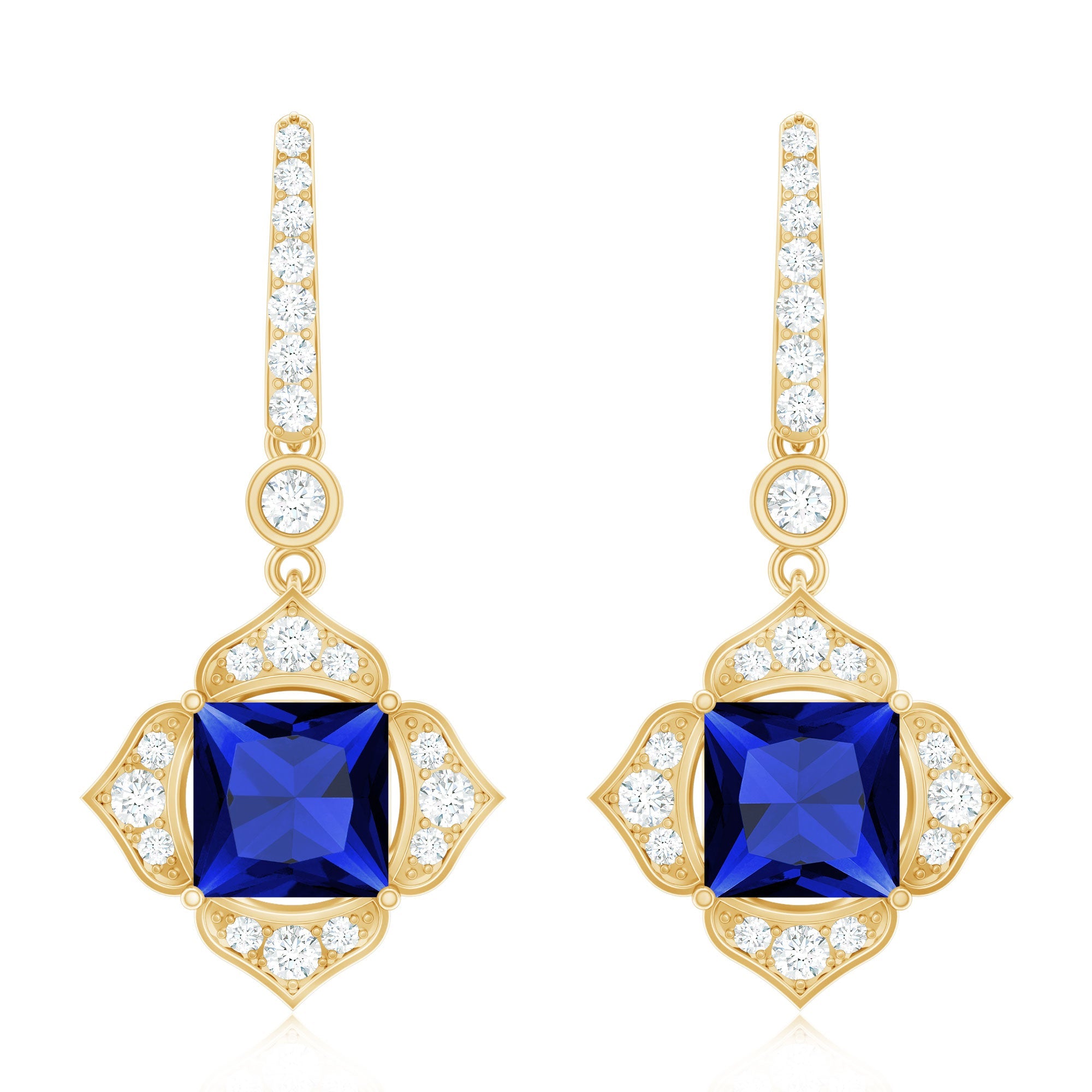 Lab Grown Blue Sapphire Floral Inspired Drop Earrings with Diamonds