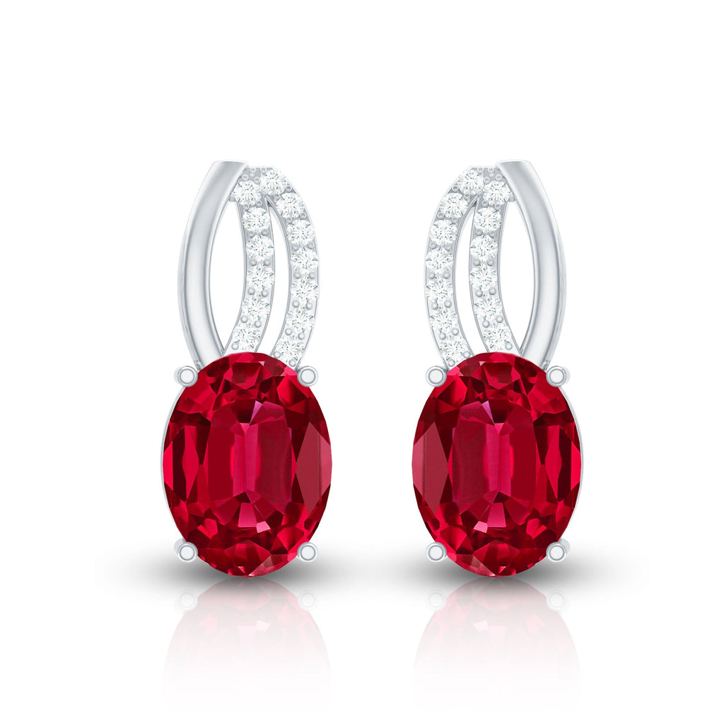 Certified Oval Lab Created Ruby Stud Earrings with Diamonds