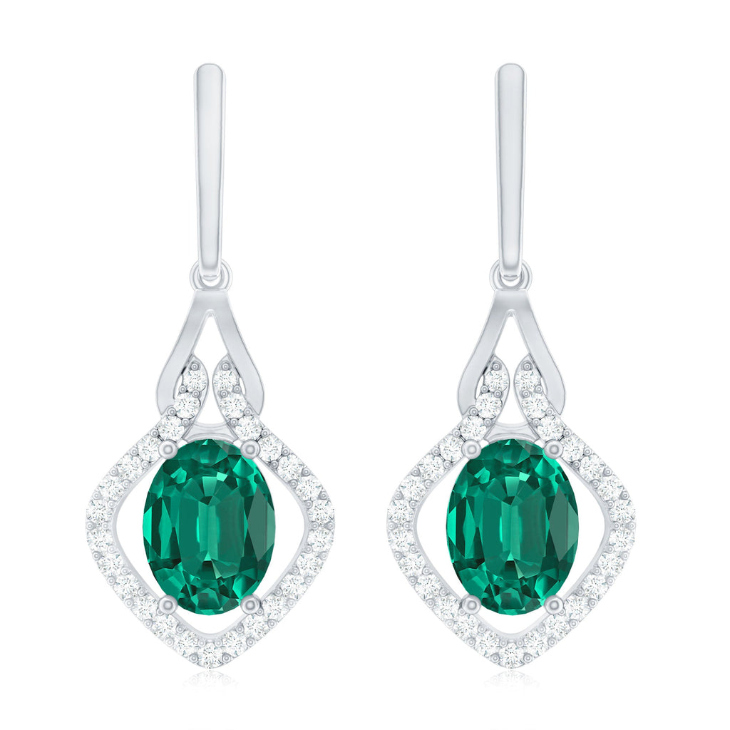 Lab Grown Emerald Drop Dangle Earrings with Diamond Accent