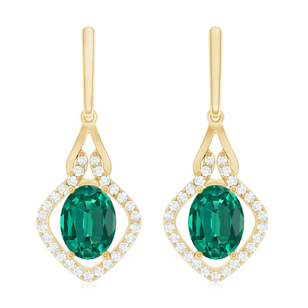 Lab Grown Emerald Drop Dangle Earrings with Diamond Accent