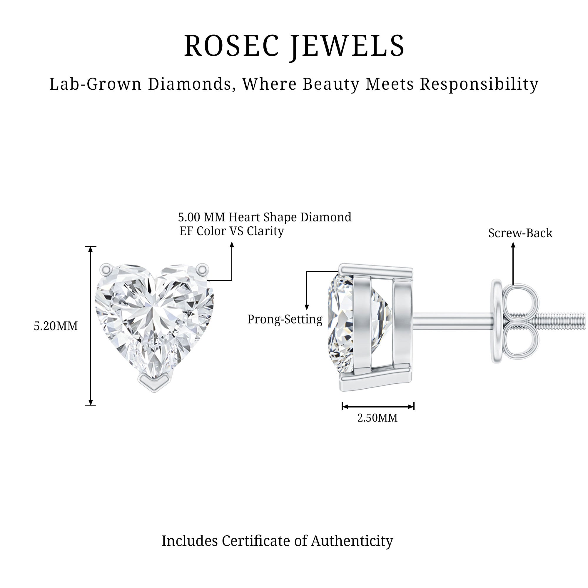 1 Carat Lab Grown Diamond Heart Stud Earrings in 14K Gold Plated Silver