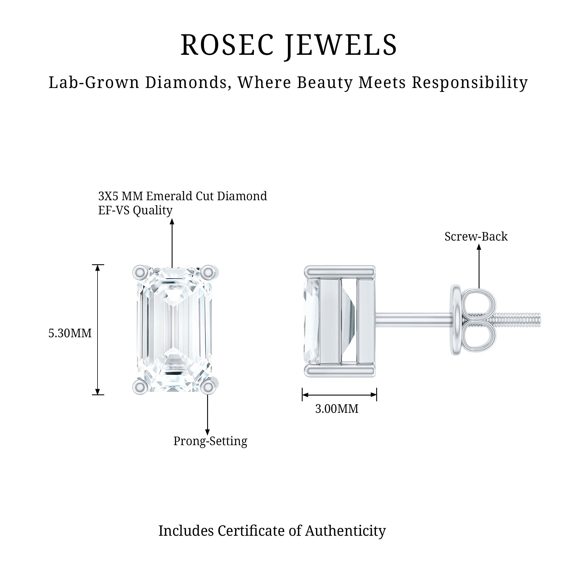 Lab Grown Diamond Emerald Cut Stud Earrings in Silver