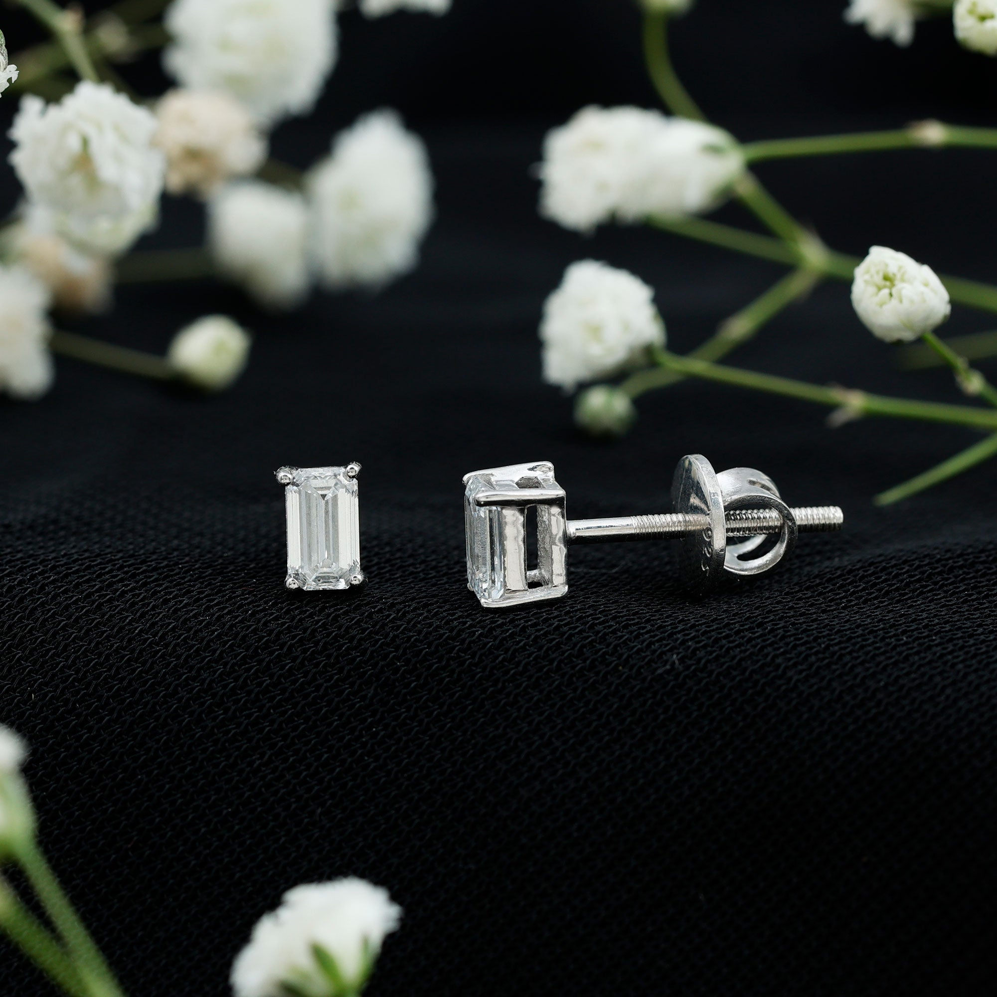Lab Grown Diamond Emerald Cut Stud Earrings in Silver