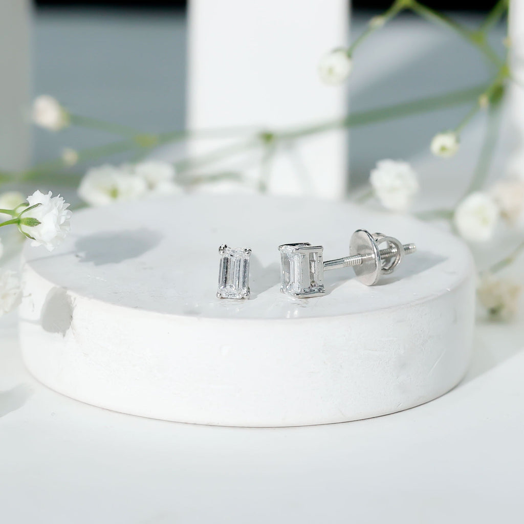 Lab Grown Diamond Emerald Cut Stud Earrings in Silver
