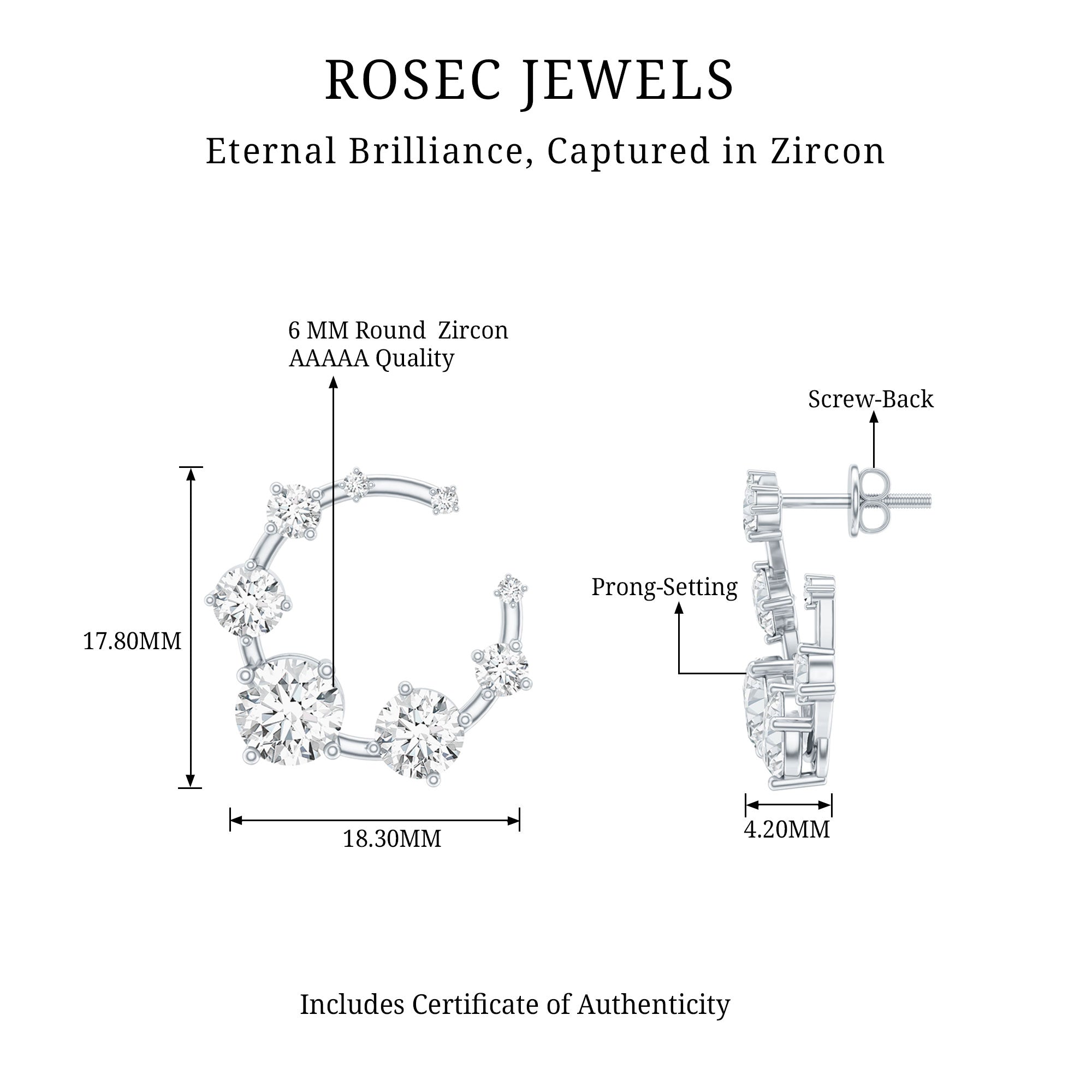 Cubic Zirconia Big Stud Earrings with Screw Backs