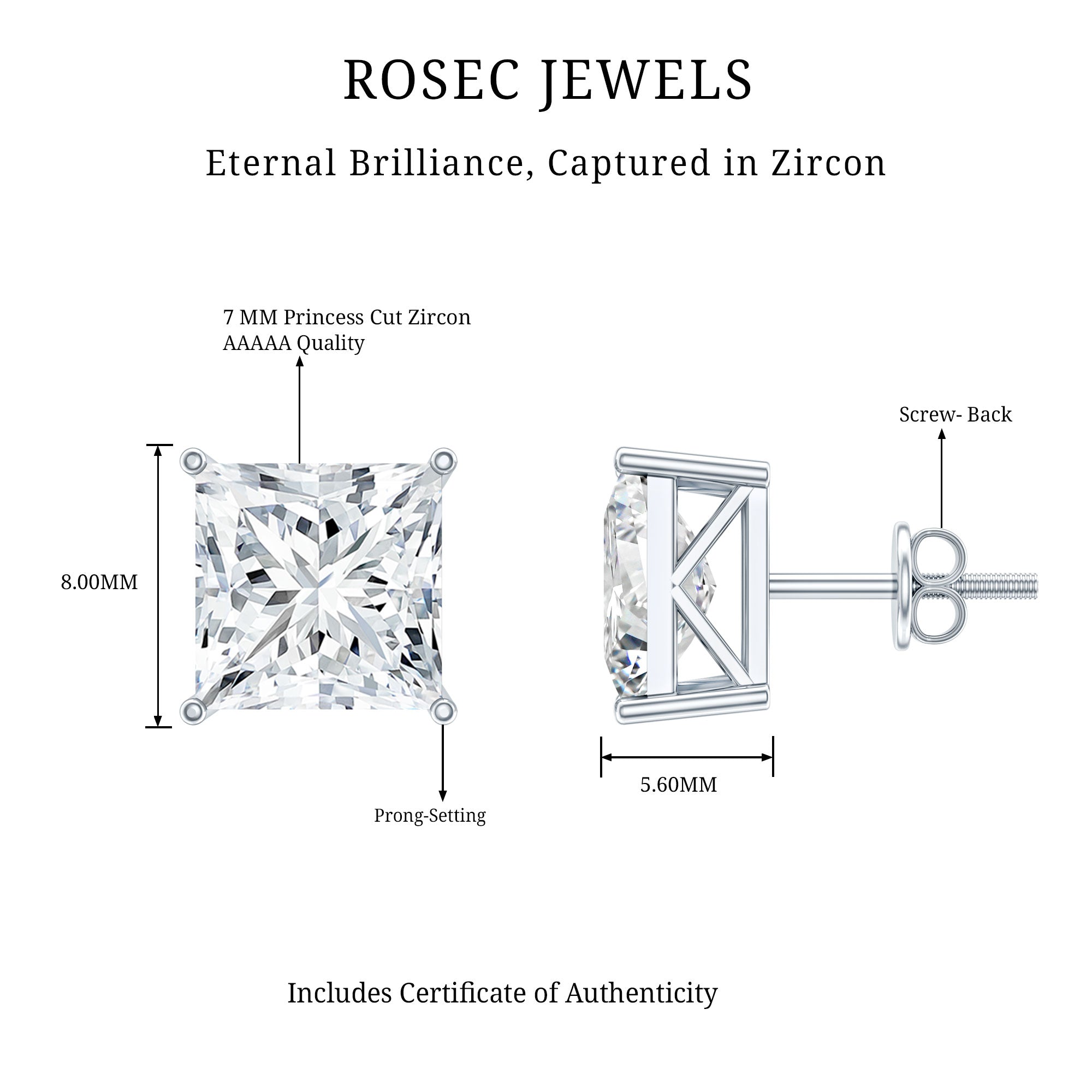 Cubic Zirconia 7 MM Princess Cut Earrings in Silver