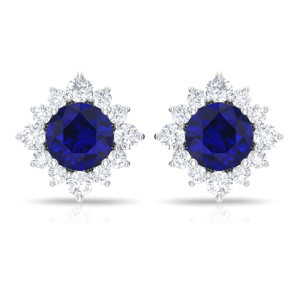 Genuine 0.8 Carat Blue Sapphire Stud Earrings with Diamond Halo